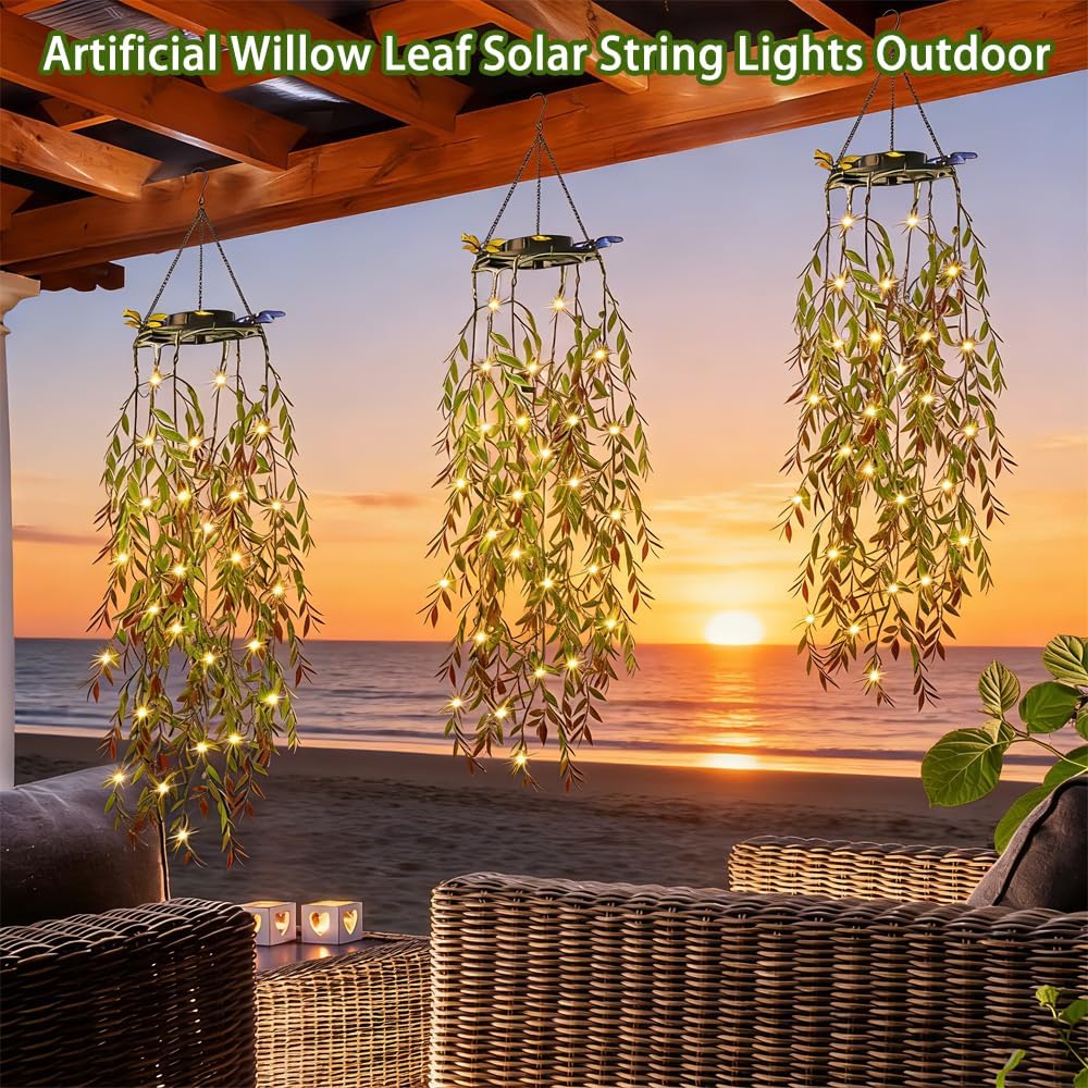 Solar Hanging Garden Lights, 66 LED Artificial Willow Leaf Solar String Lights Outdoor, Birthday Gifts for Her Mom Grandma, IP65 Waterproof Memorial for Garden Patio Porch Yard Decorations