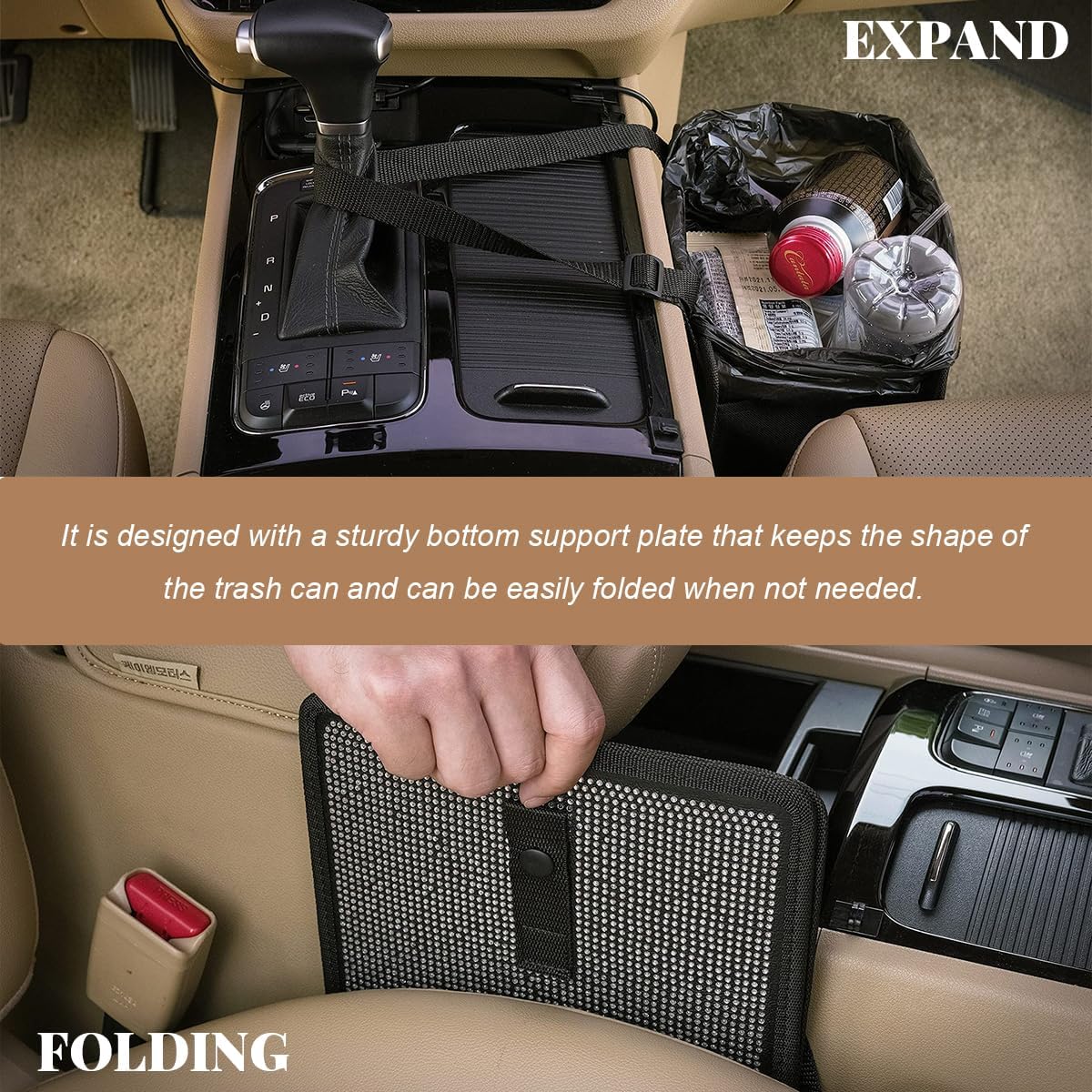 Car Trash Can, Bling Rhinestone Crystal Waterproof Hanging Garbage Bag for Car Interior, Oxford Leakproof Foldable Waste Organizer Trash Bin Universal for Most Vehicles (Black)