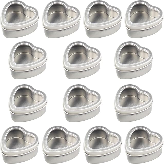 14-Pack 60ml Empty Heart Shaped Silver Metal Tins with Clear Window for Candle Making, Candies, Gifts & Treasures