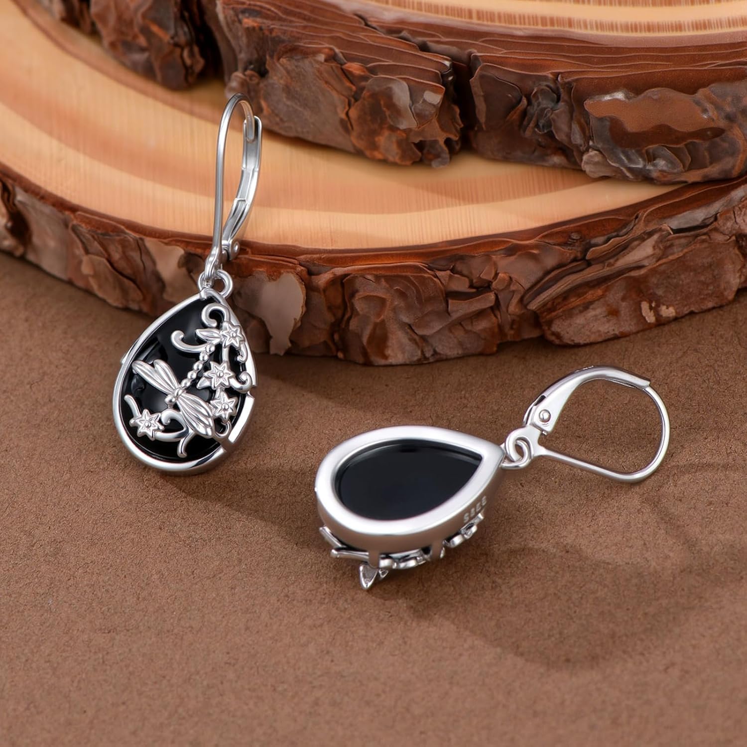 Black Onyx/Moonstone Earrings for Women 925 Sterling Silver Filigree Butterfly Dragonfly Dangle Drop Earrings Leverback Black Onyx Jewelry Gift for Girlfriend Wife Daughter - Image 2