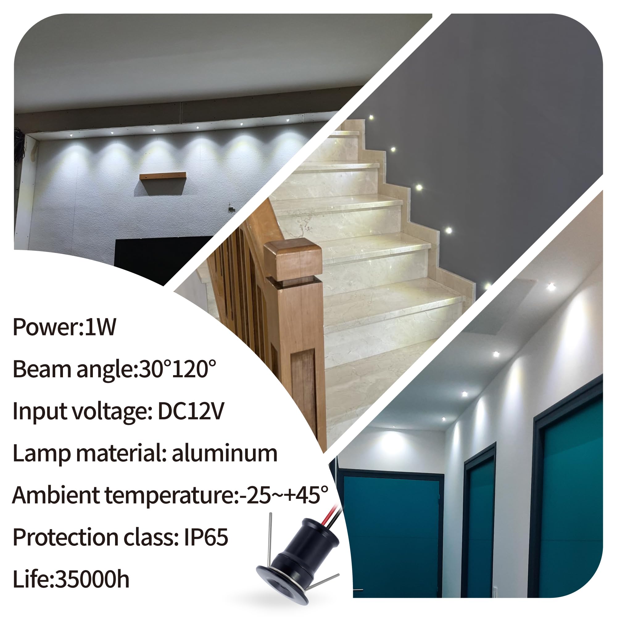 Mini Foco Led Empotrabl 12V 1W IP65 Ø15mm 18uds Frío Negro 120° | Diámetro Del Agujero Ø15-18mm, Mini Led Downlight Spot, para Vitrinas Muebles Escaparate Balda Niche Pladur Cocina Techo