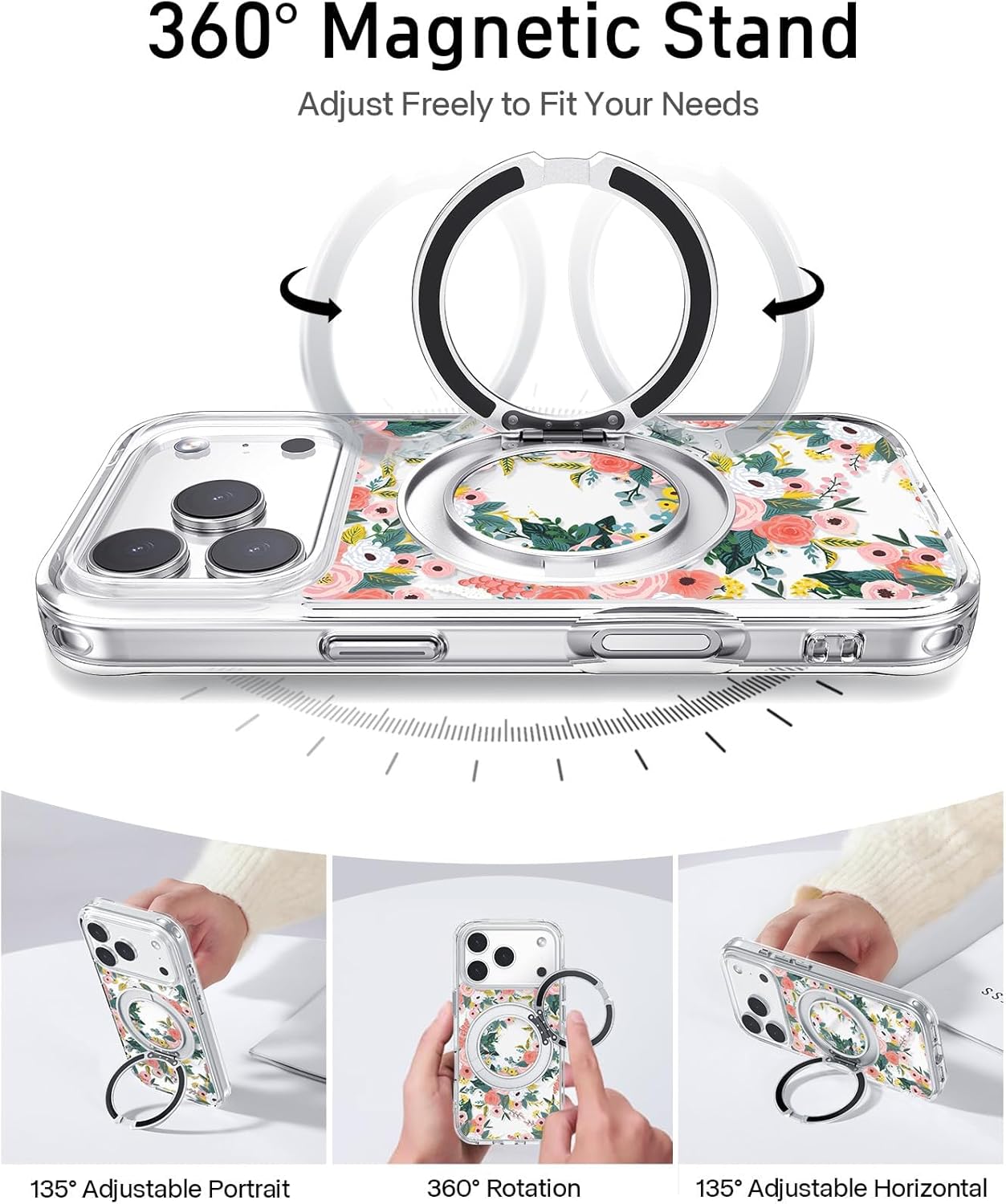 for iPhone 17 Pro Case with MagSafe Stand Ring for Women, Cute Clear Floral Design with 360° Kickstand Holder Magnetic Shock Proof Heavy-Duty Protection Pink Flower - Image 3
