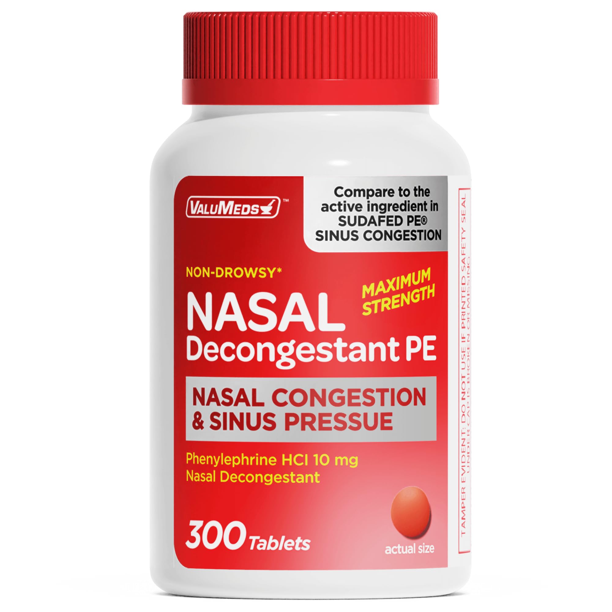 Nasal Decongestant PE Phenylephrine HCl 10mg Tablets (Bulk 300 Count) Non-Drowsy Sinus Pressure Relief & Nasal Congestion Relief, Stuffy Nose Decongestants for Adults | Compare to Sudafed PE