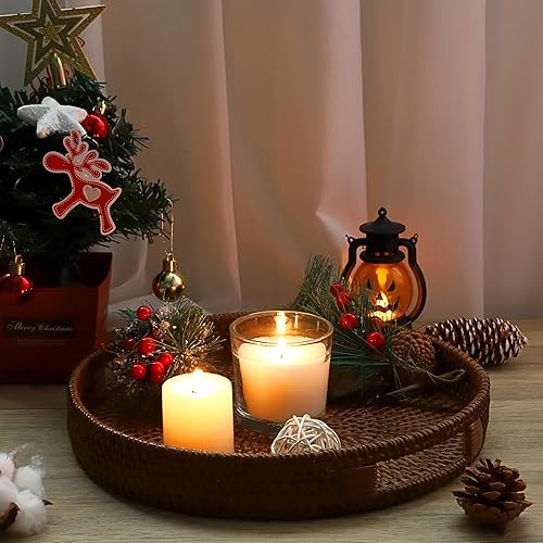 Vista 43 de Hipiwe Bandeja redonda de ratán con asas, bandeja organizadora decorativa tejida a mano para almacenamiento de bebidas de desayuno, aperitivos