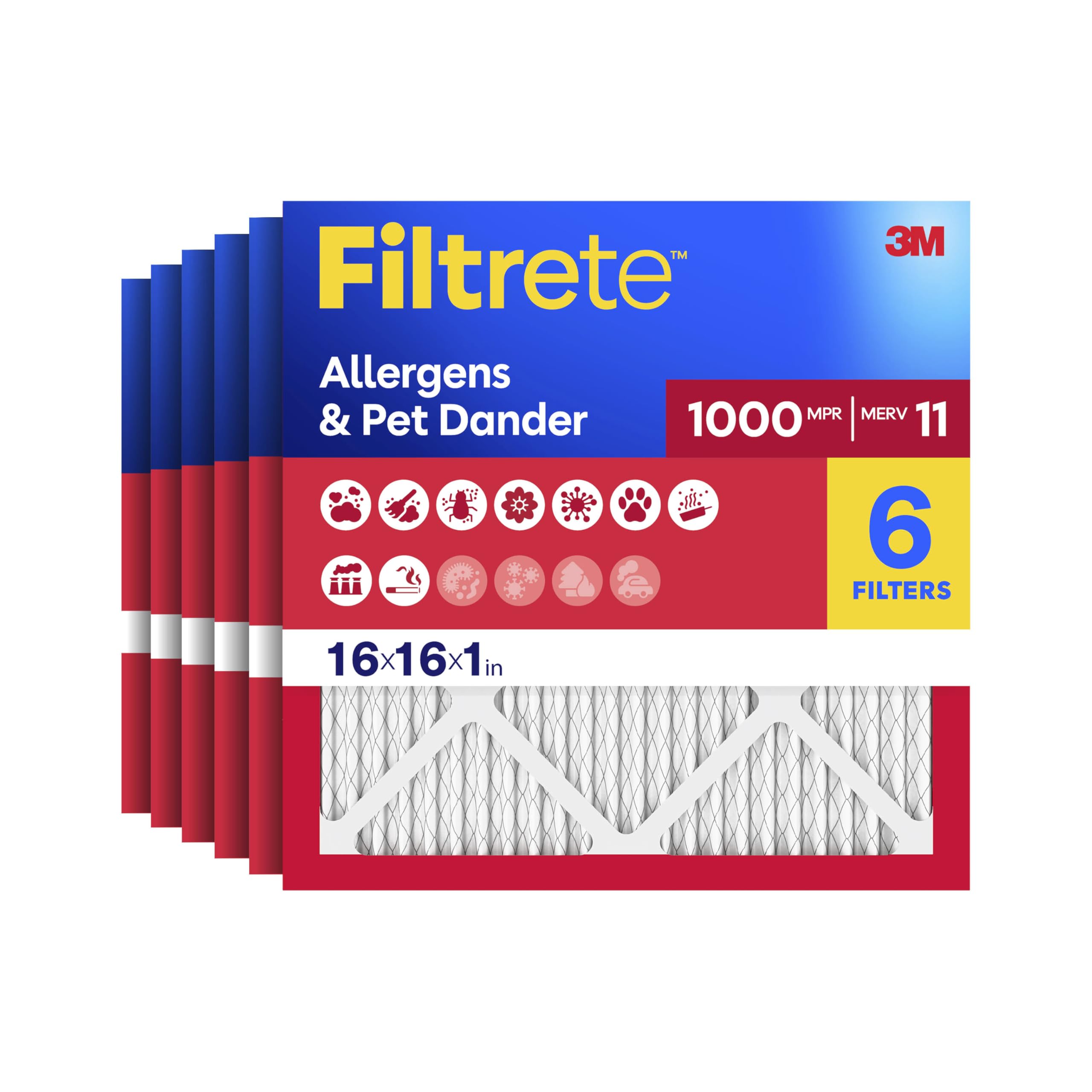 Filtrete 16 x 16 x 1 AC Oven Air Filter MERV 11 MPR 1000 Micro Allergen Repellent 3 Month Pleated 1" Electrostatic Air Purification Filter 6 Pack (Actual Size 15.8" x 15.8" x 0.8")