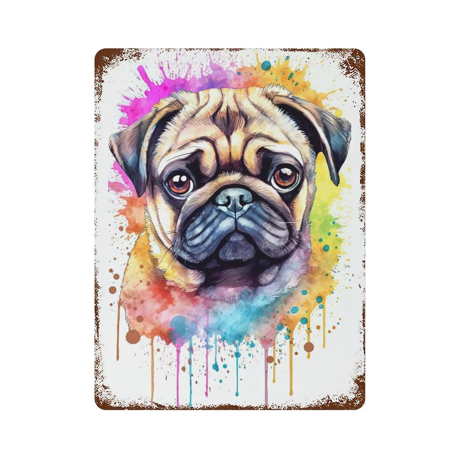 Watercolor Pug Puppy 15.7"x11.8" Distressed Metal Wall Sign, Shabby Chic Decor for Shed, Workshop And Garage Wall Decor