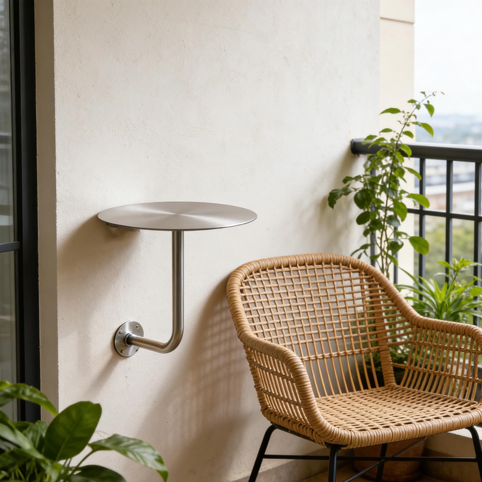 Mesa auxiliar redonda para café y terraza, acero plateado de 40 cm