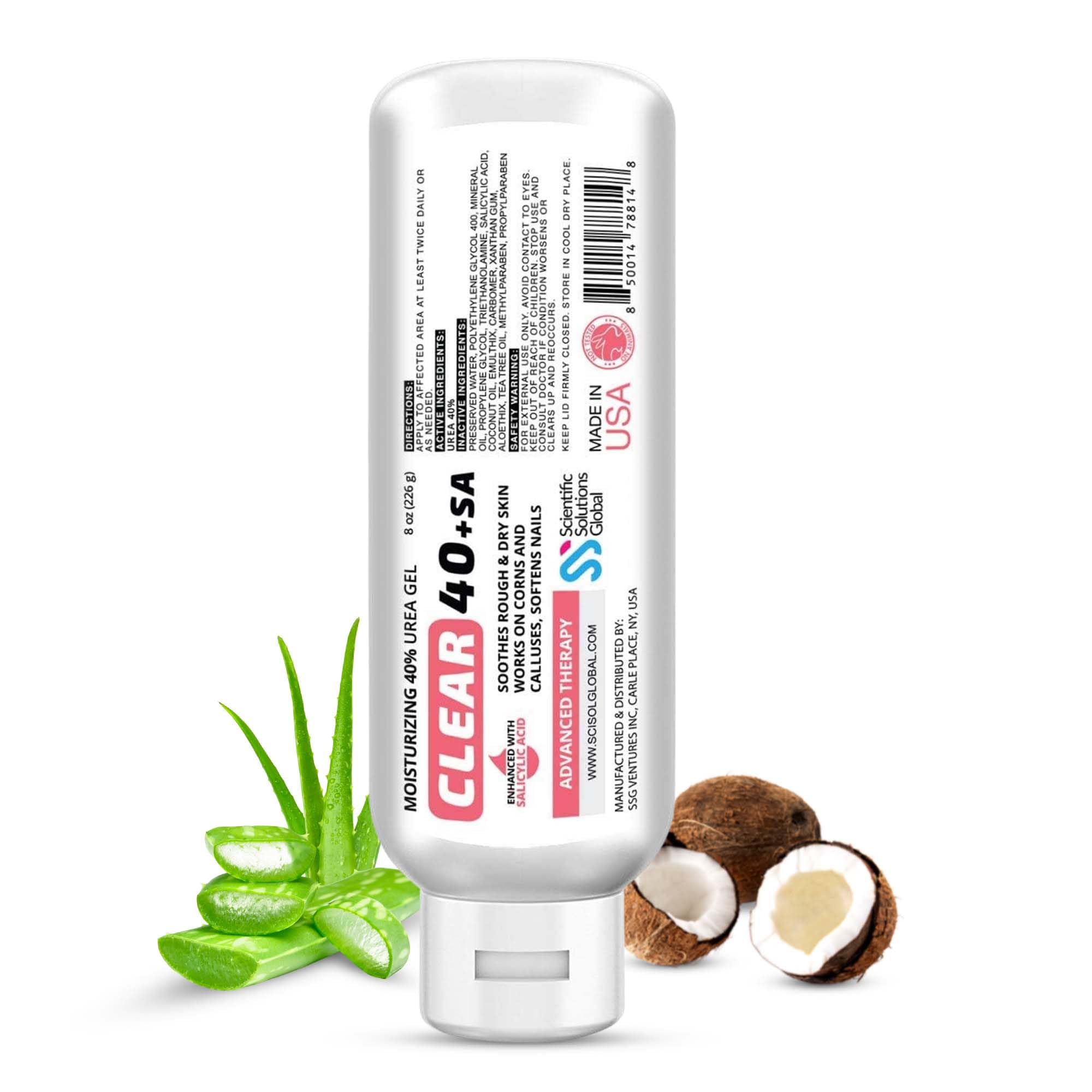 CLEAR 40 +SA Gel 8oz – 40% Urea + 2% Salicylic Acid Foot & Hand Cream for Dry, Rough Skin – Softens Calluses & Cracked Heels, Aloe Vera & Tea Tree Oil