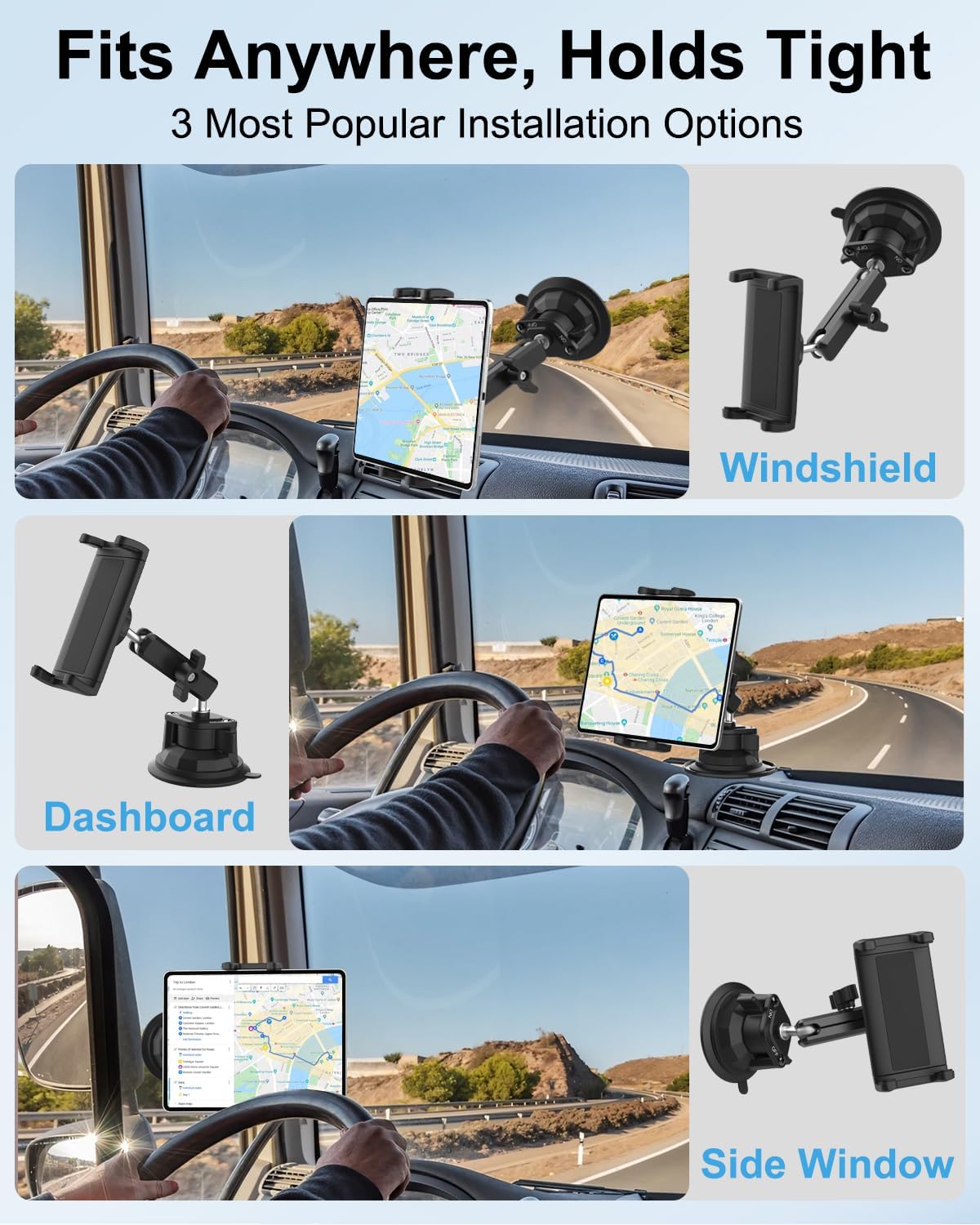Heavy Duty Tablet Mount for Truck Dashboard, Suction Cup Tablet Mount for Car Windshield, Anti-Shake Metal Arm Holder Fits 4-13" Devices, iPad Pro/Air/Mini, Galaxy Tab