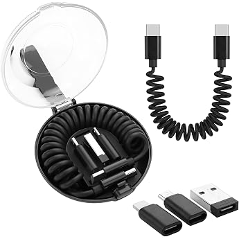 YACSEJAO Multi USB C Spiral Ladekabel-Adapter Set Multi-Typ USB Ladekabel Konverter Aufbewahrungsetui Tragbarer USB Adapter- Enth lt iOS/Typ C/Micro/USB A Konverter Schwarz