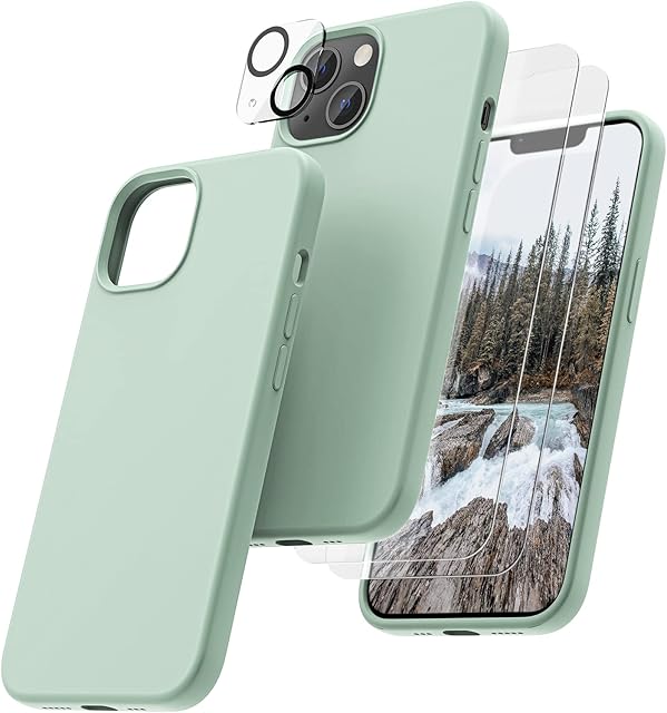 OIIAEE [5-in-1 for iPhone 13 Case 6.1",Liquid Silicone case with 2 Pack Screen Protector & 2 Pack Camera Protector, Ultra Slim Shockproof Soft Anti-Scratch Microfiber LiningMint Green