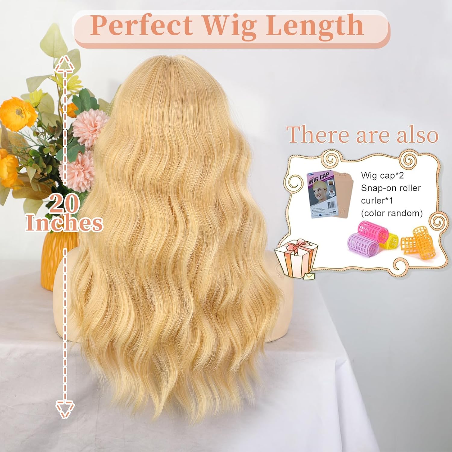 XIXIBI Blonde Wigs with Bangs for Women,Golden Blonde Wavy Curly Wig 20Inches Synthetic Heat Resistant for Daily Party Use