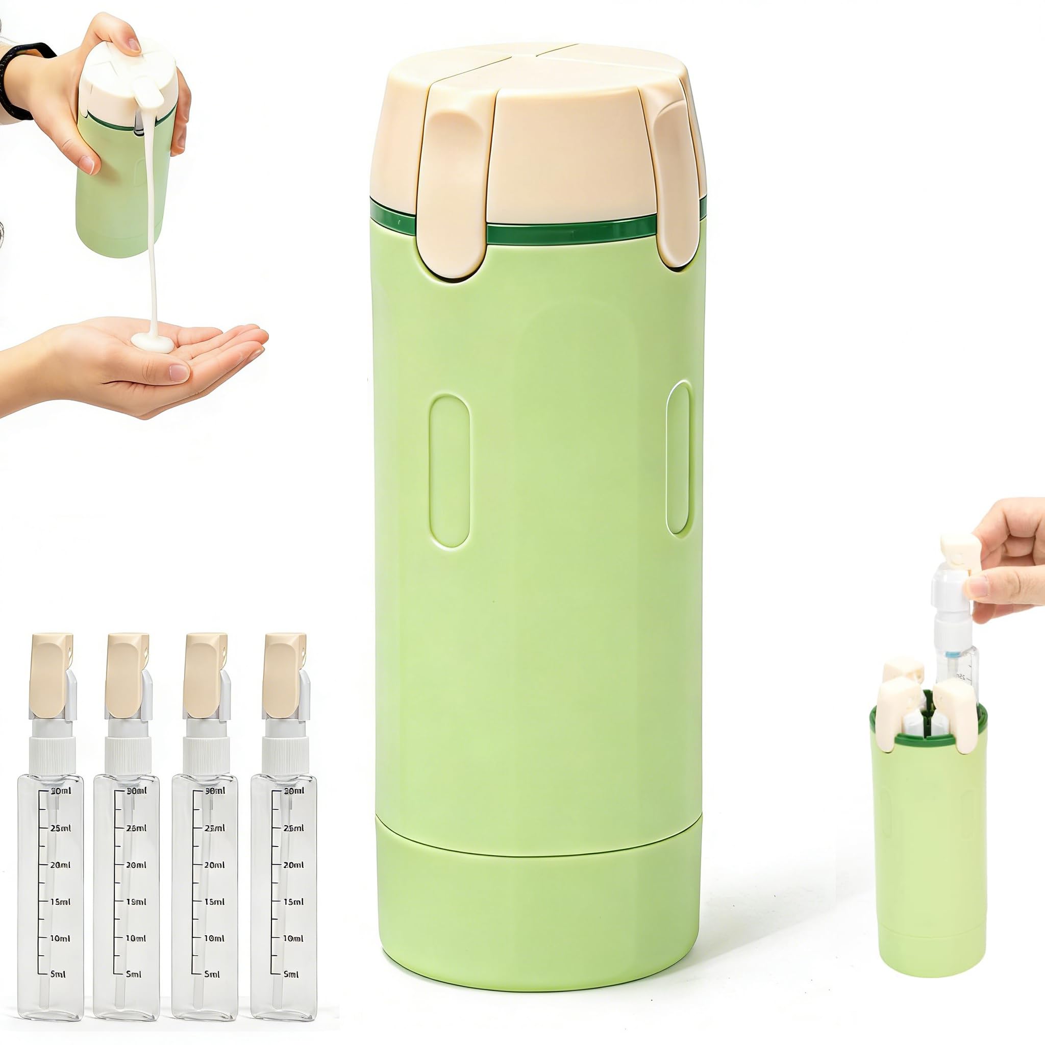 4-in-1Travel Dispenser Bottles Set, Refillable Leak Proof Squeeze Bottles with Label and Scale for Toiletries, Portable Travel Containers for Shampoo Lotion Conditioner Cream (Green) - 2