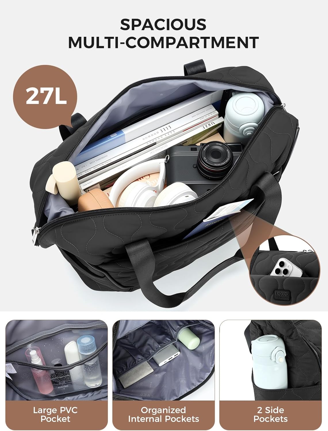 Quilted Puffer Travel Duffle Bag, Black, Large Capacity Weekender Tote, Multi-Compartment Design, Sporty Casual Style Black