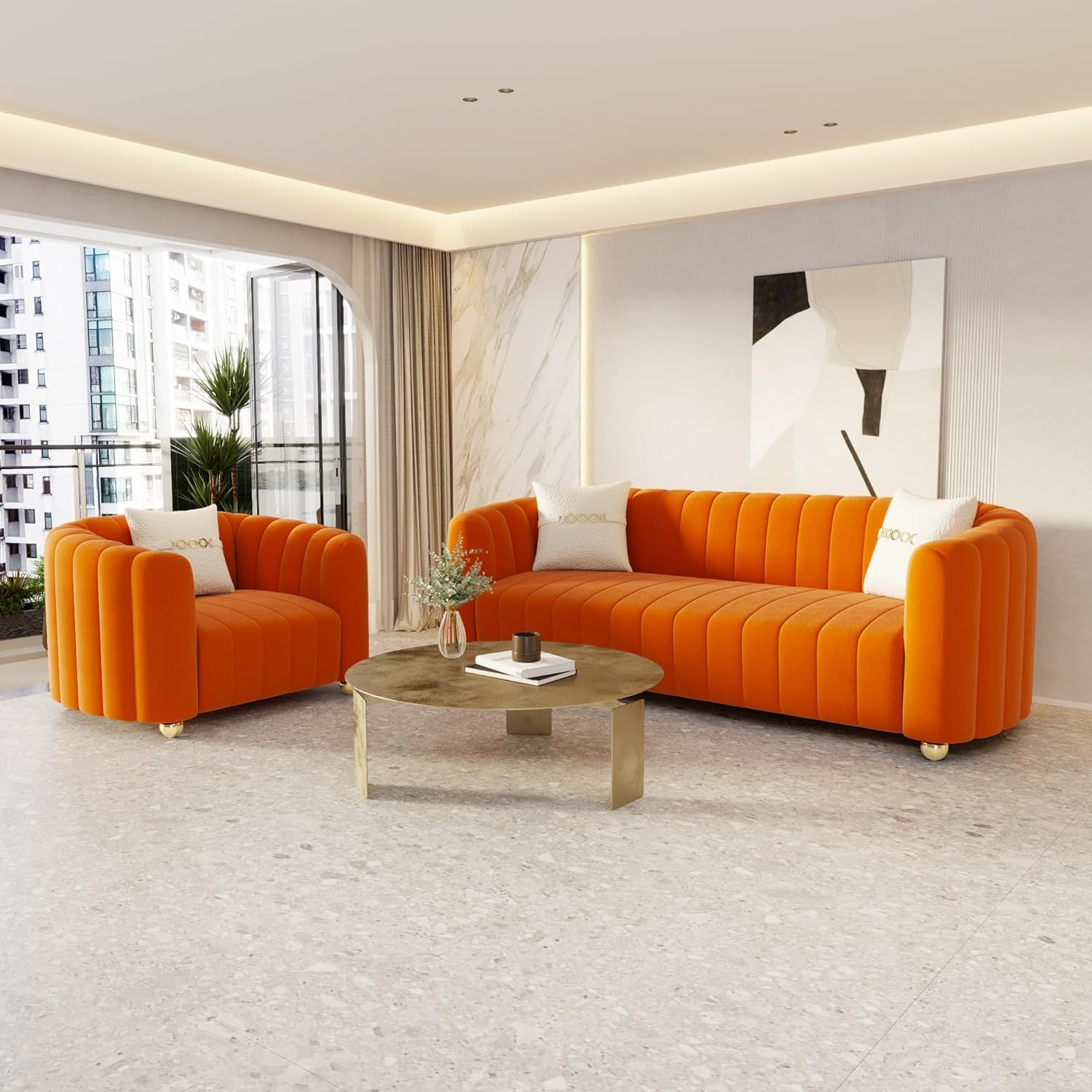 Sofa Style Velvet Square Arm Sofa/Super comfirtable Three Seater Sofa for Living Room Bedroom Reception and Office (Orange, 3+1=4 Seater Sofa Set)-image-15