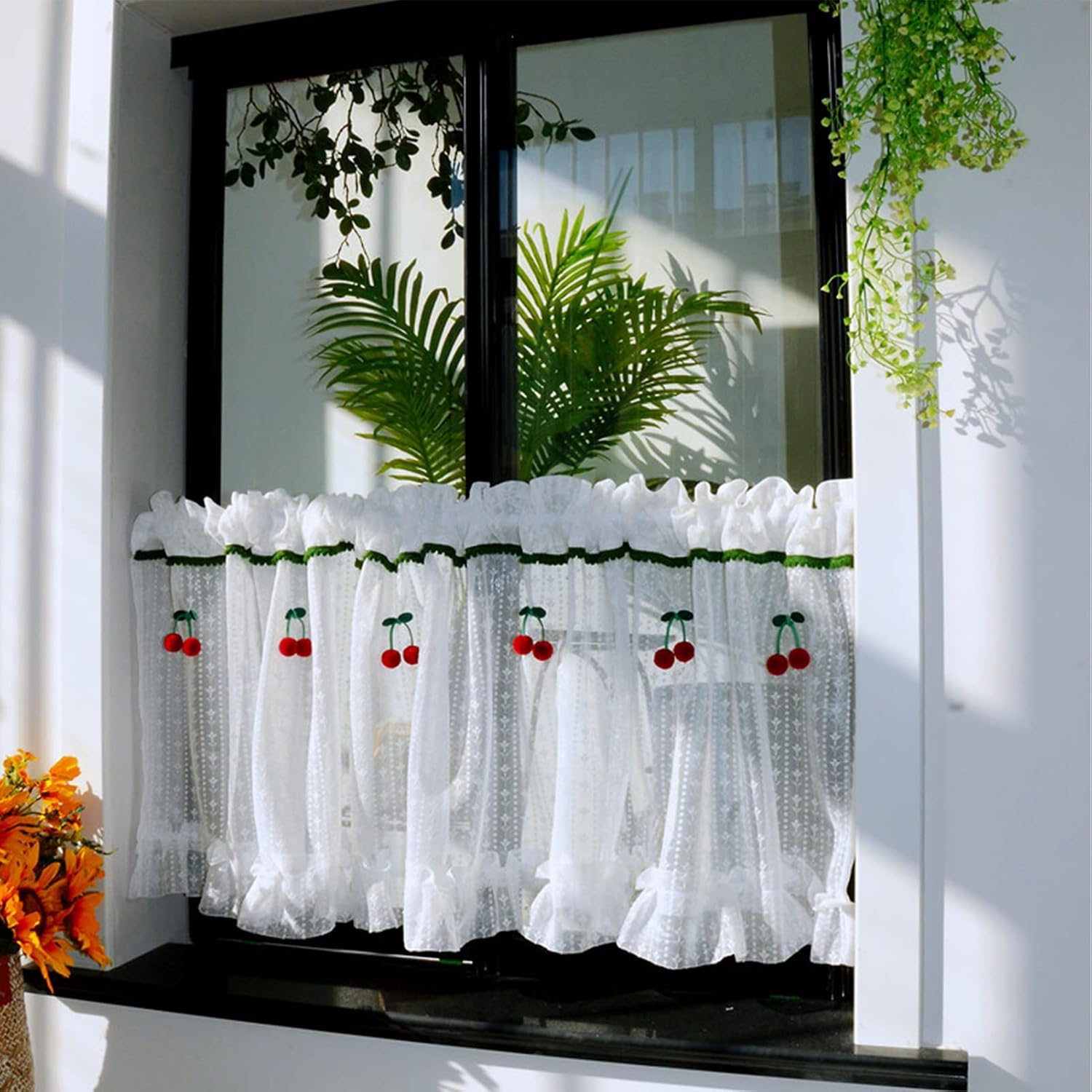 Beautiful Kitchen Curtain white tulle Light Filtering Tier Curtains, Cherry decoration Curtain Valance Rod Pocket, for Decor windows, wardrobes, cabinets, Door frames ( Size : W140xH160cm/55x63in )