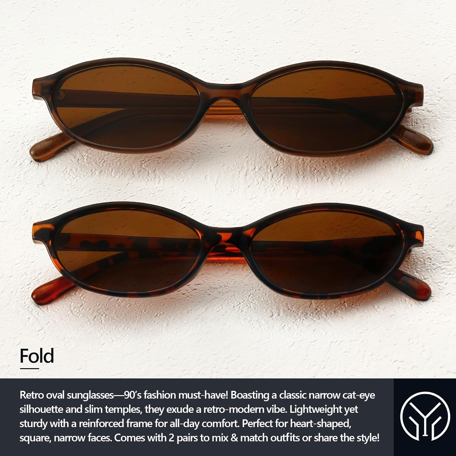 Retro Oval Sunglasses for Women Small Oval 90s Sunnies Trendy Narrow Cat Eye Vintage Shades 2 Pack - Image 7