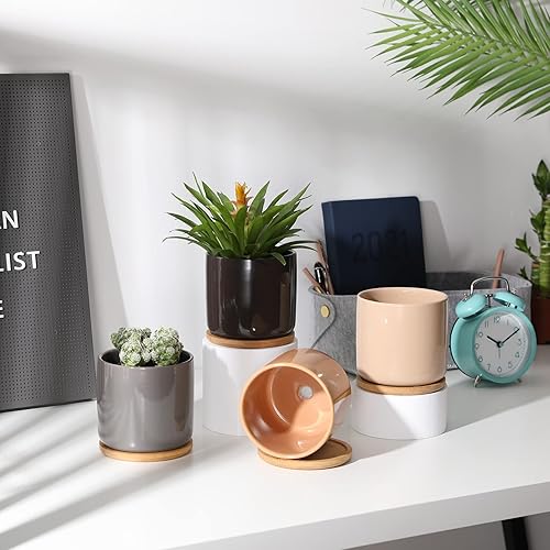 Miniatura 7 de OMAYKEY Macetas para suculentas, maceta de cerámica de 4 pulgadas con bandeja, orificio de drenaje y almohadilla de malla para flores de interior,