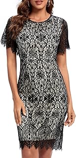 Women's Elegant Floral Lace Round Neck Short Sleeves Cocktail Party Bodycon Knee Length Dress 931 - Buy now