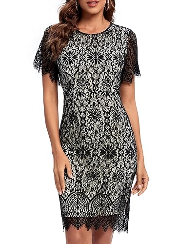 MSLG Women's Elegant Floral Lace Round Neck Short Sleeves Cocktail