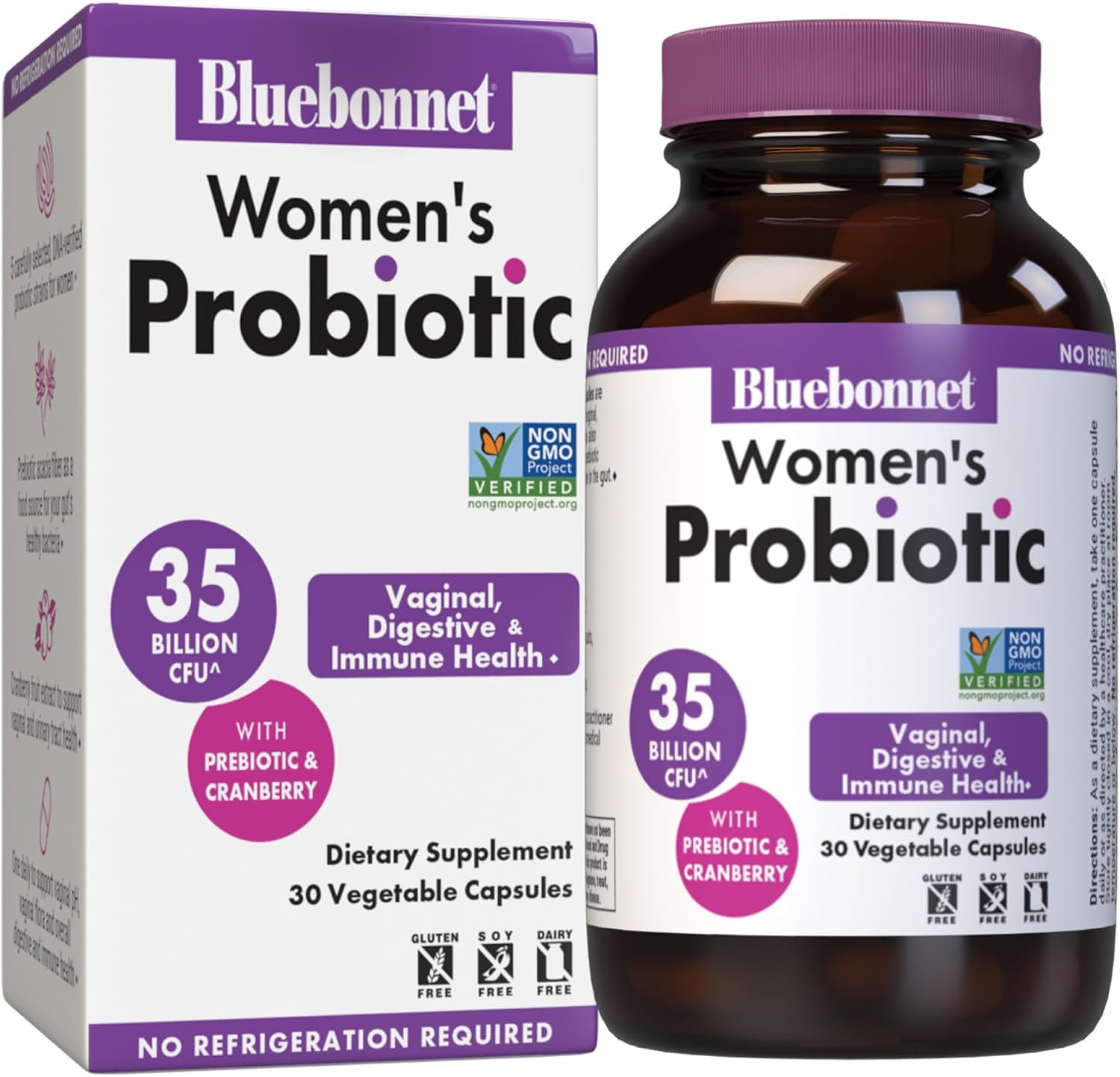 BlueBonnet Nutrition Women’s Probiotic 35 Billion CFU^ Shelf Stable - Urinary Tract, Vaginal pH, Digestive, Immune* - Prebiotic and Cranberry - Non-GMO, Free of Dairy, Gluten & Soy - 30 Servings