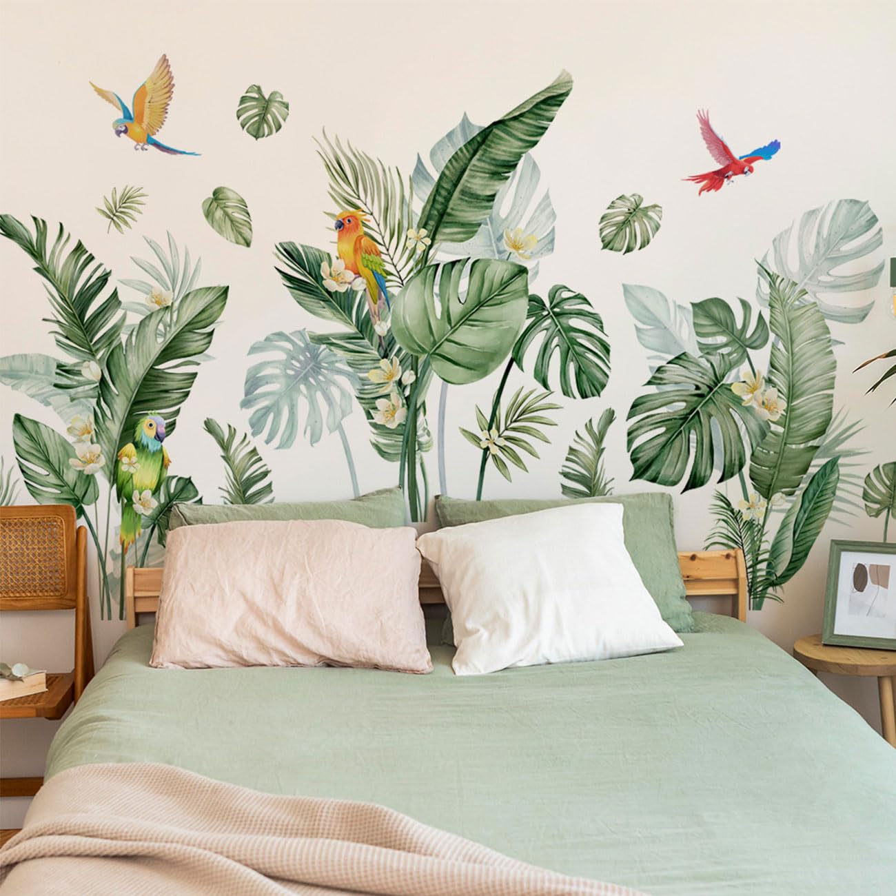 Verde Tropical Hoja Loro Pegatina de Pared, Realista Autoadhesivo Pájaros Flor Vinilos Planta Murales de Pared, Dormitorio Salón Oficina Sofá TV Fondo Pared Decorativos