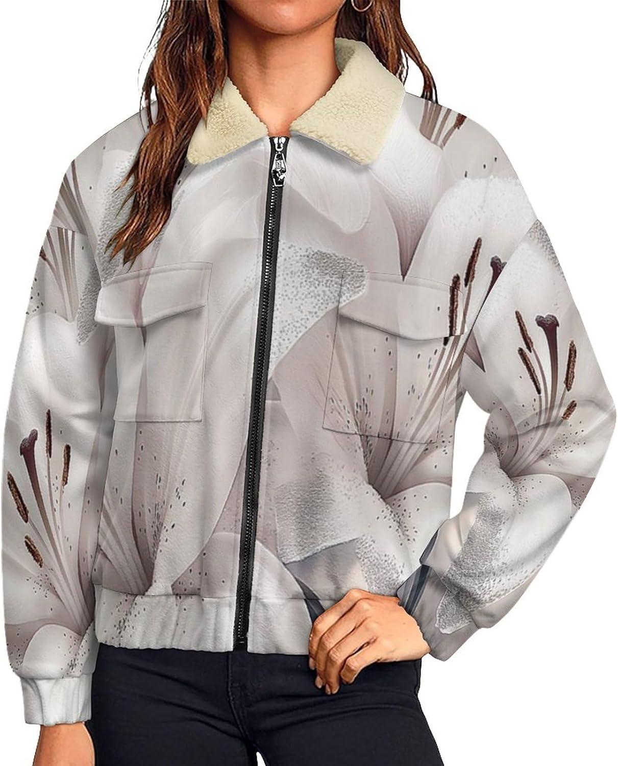 Women's Full Zip Soft Polar Fleece Jacket, Flash Lily Printed Outdoor Coat, Long Sleeve Comfortable Outerwear