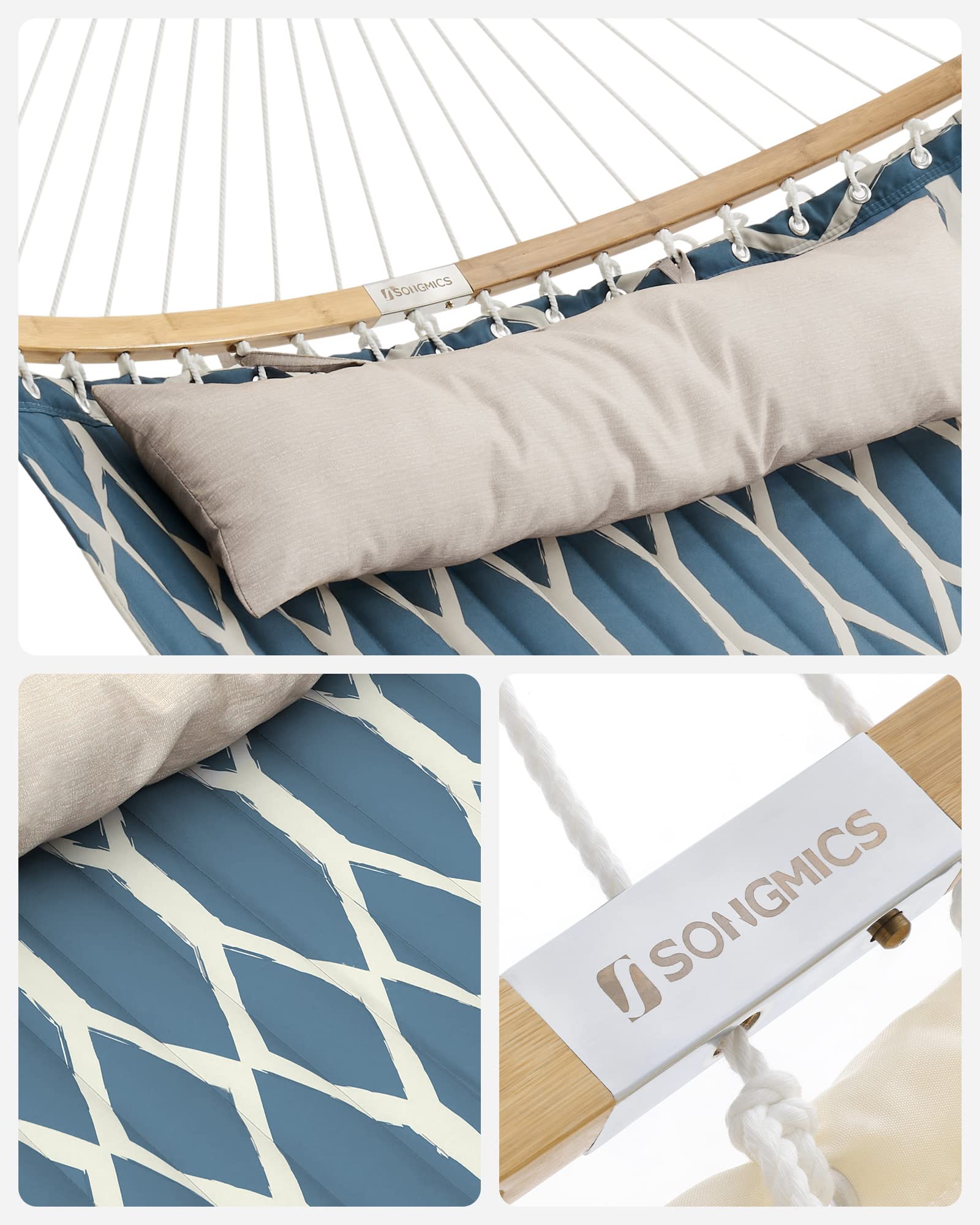 SONGMICS Amaca in Tessuto Trapuntato con Aste Curve in Bamboo Rimovibili, Cuscino, 200 x 140 cm, Capacità di Carico da 225 kg, Blu e Rombi Beige GDC034I02