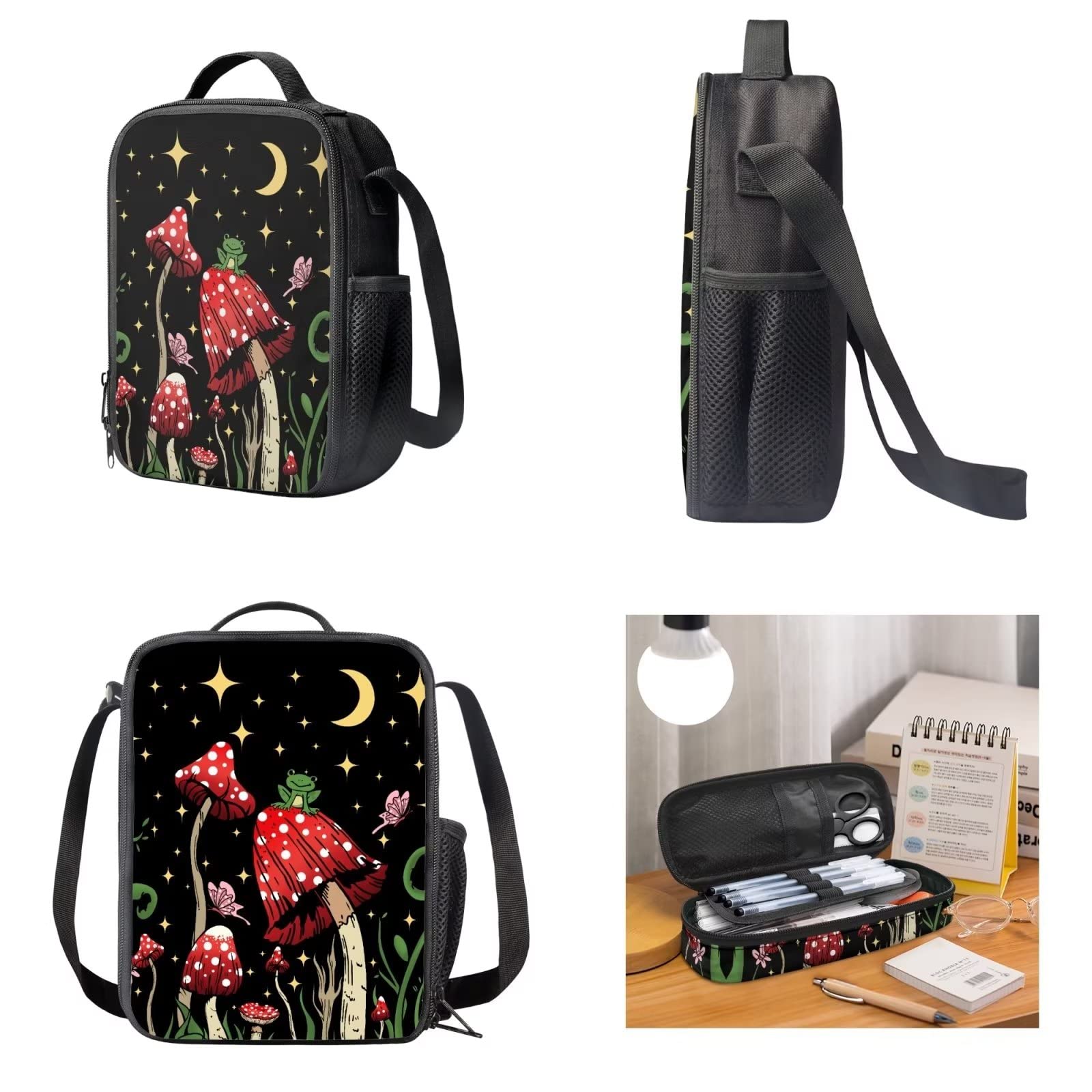 POLERO Mochila escolar de caballos para niños, juego de bolsas de almuerzo, estuche para lápices, 3 piezas, bolsas escolares, Rana de hongos Moon Star, Talla única, Mochila infantil
