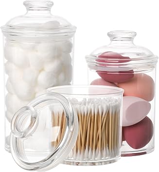 Lyellfe 3 Pack Acrylic Apothecary Jars, Vanity Canister with Airtight Lid | Bathroom Cotton Swab Holder, Clear Storage Jar for Candy, Bath Salt, Cotton Ball, 34 oz, 25 oz, 17 oz
