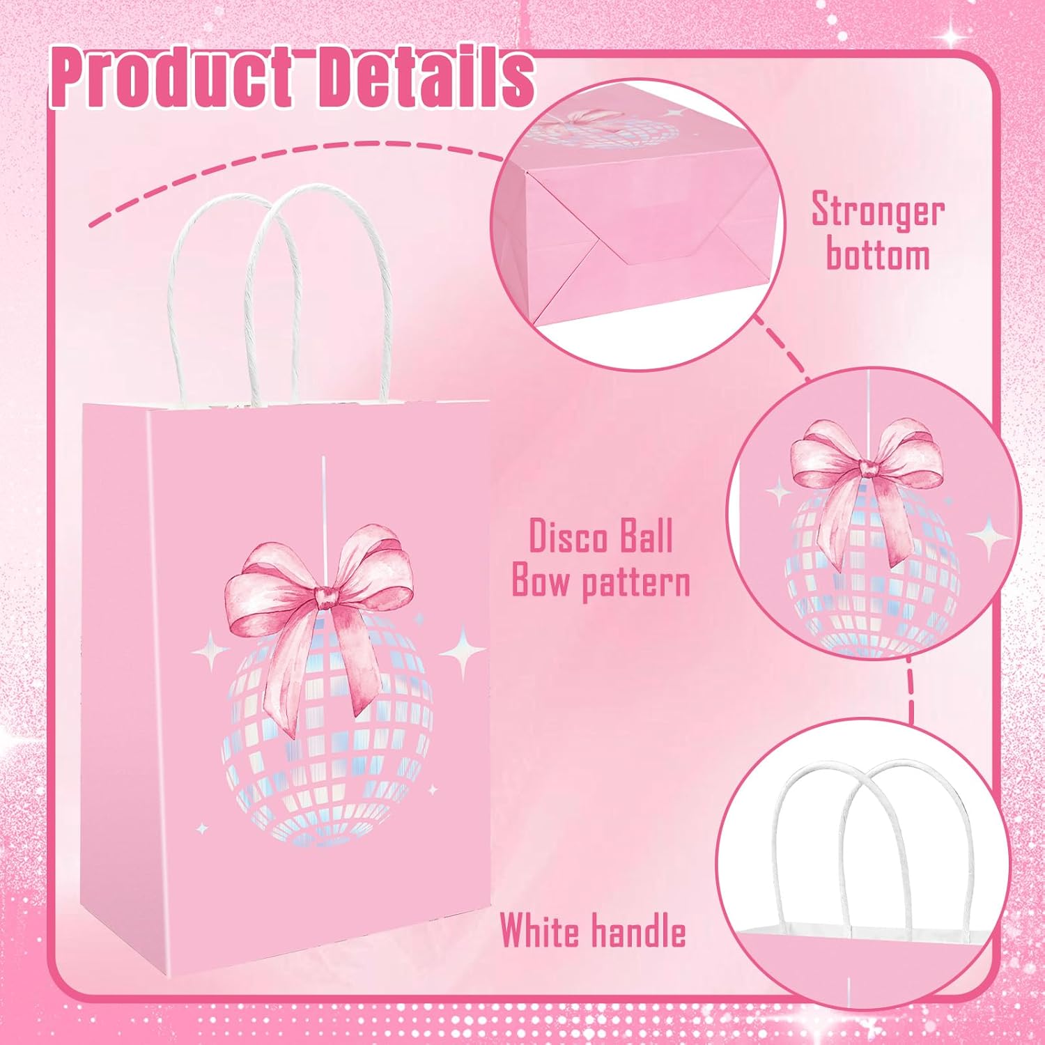 FYSUIMU 16Pcs Disco Ball Bow Paper Gift Bag Pink Laser Candy Bag with Handle Holographic Goody Treat Bags for Bachelorette Bridesmaid Party Favor Supplies, 5.9 x 8.3 x 3.1 Inch - Image 3