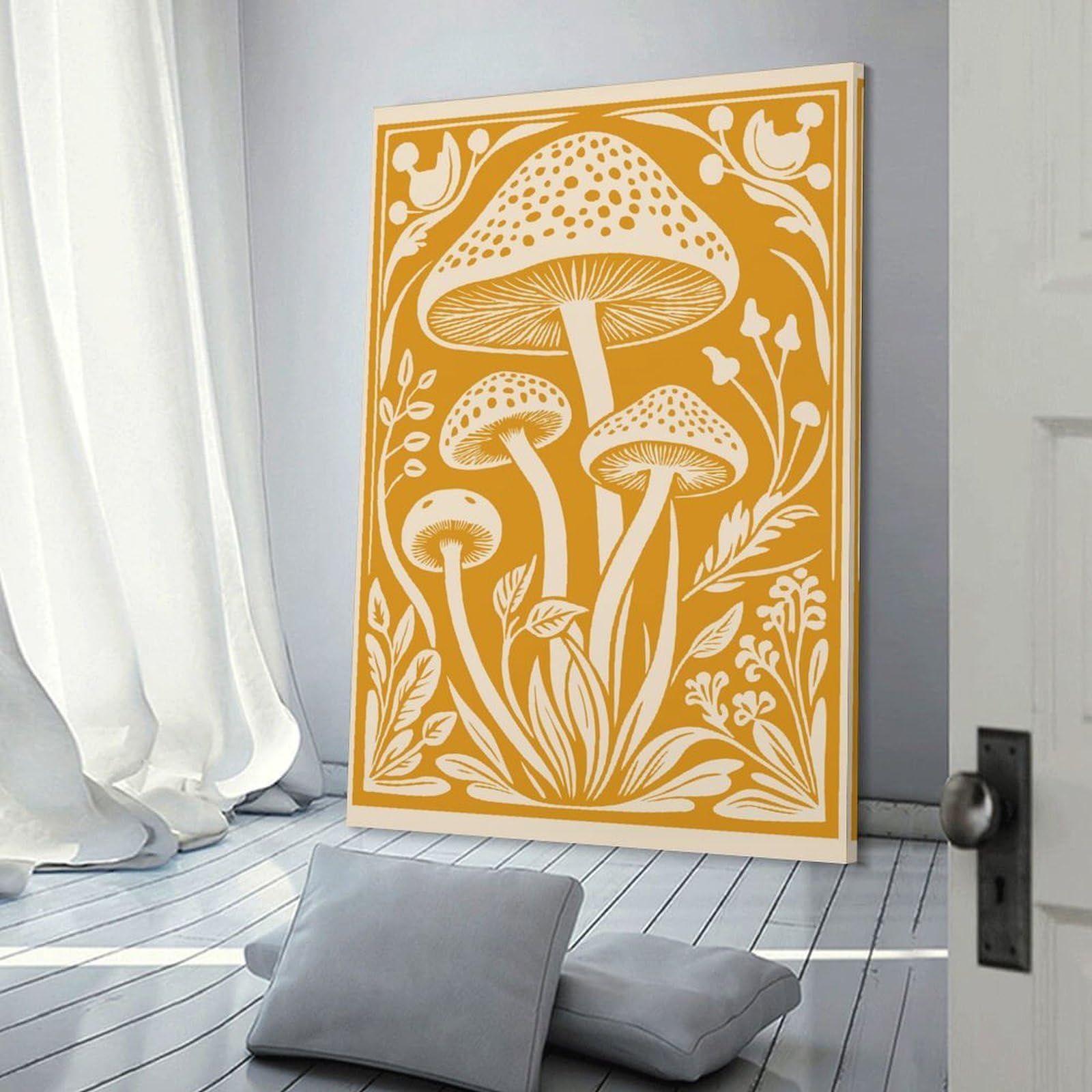 Junmoney Mushroom And Floral Illustration Hanging Wall Art 20x30inch(50x75cm), for Feature Walls in Flats Or Modern Rooms, Home Wall Art for Statement Displays