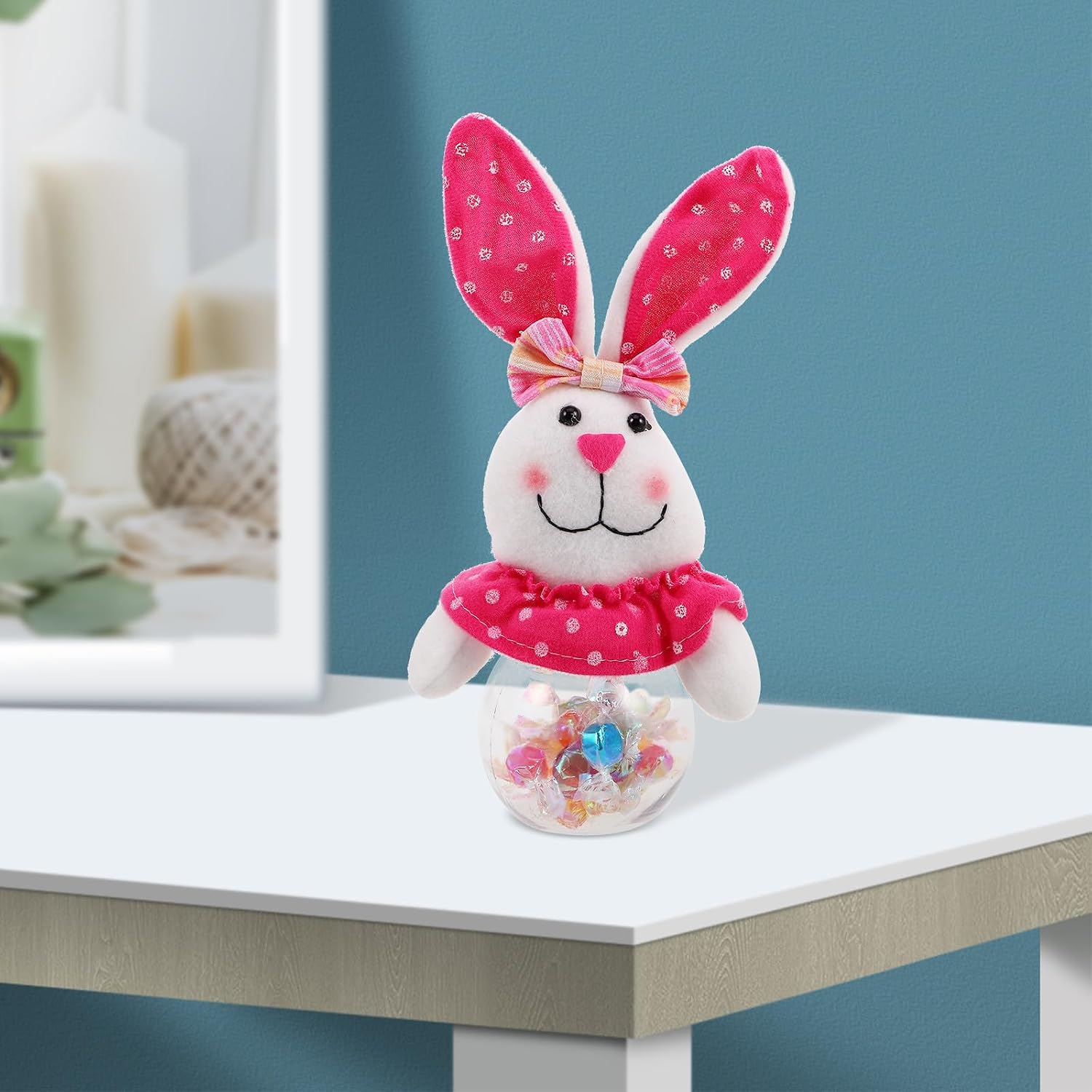 Reusable Pink Bunny Candy Container Lightweight Pvc Easter Bunny Shaped Candy Bottle for Party Favors and Storing Chocolates or Tiny Items, Easy to Store Easter Treat Box