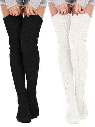 SherryDC Women's Cable Knit Thigh High Socks Winter Boot Stockings Extra Long Over Knee High Leg Warmers - One Size - 2 Pack(black+white)