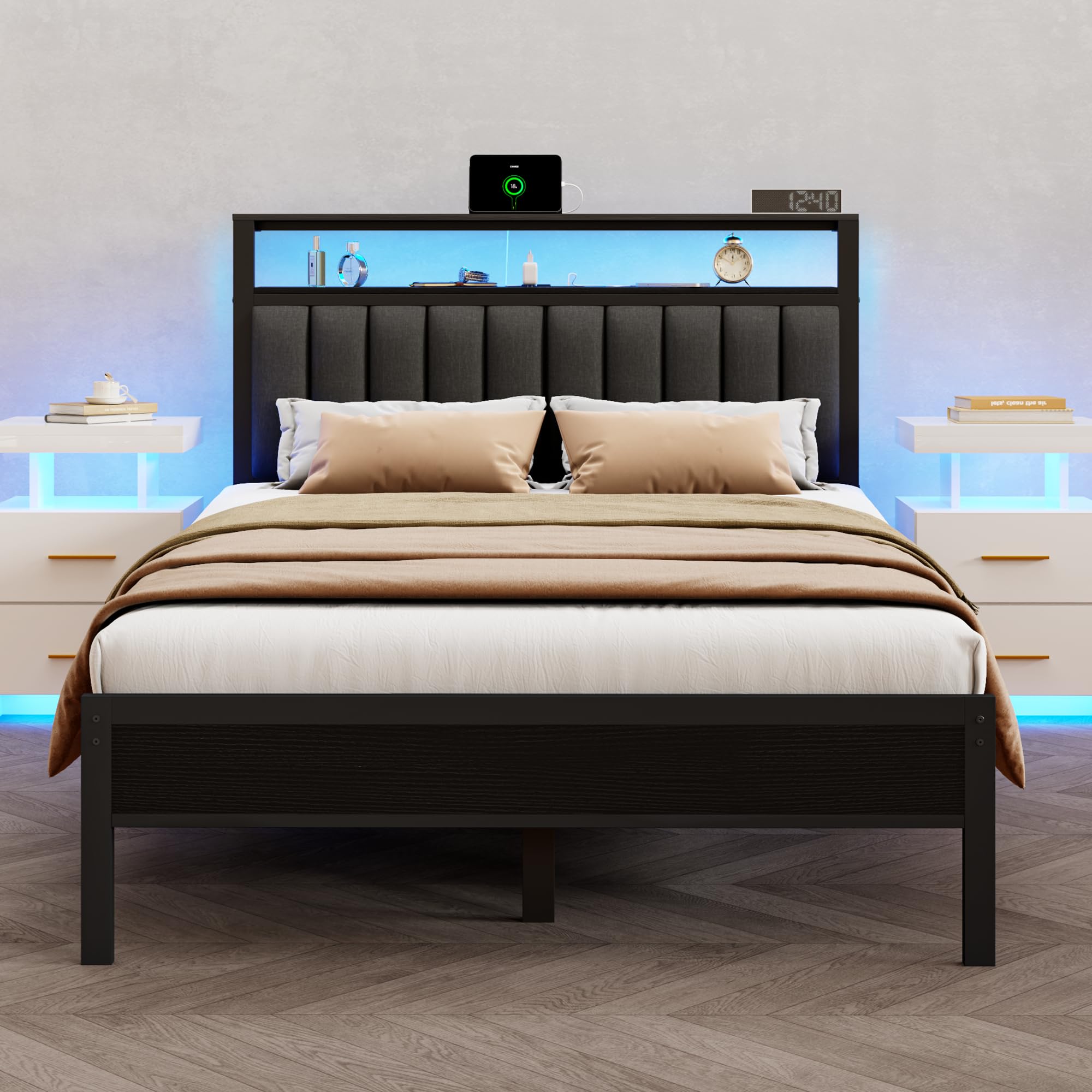furnulem queen size bed frame with charging station and led lights, platform bed with metal slats, grey upholstered headboard with 2-tier storage shelves, no box spring needed