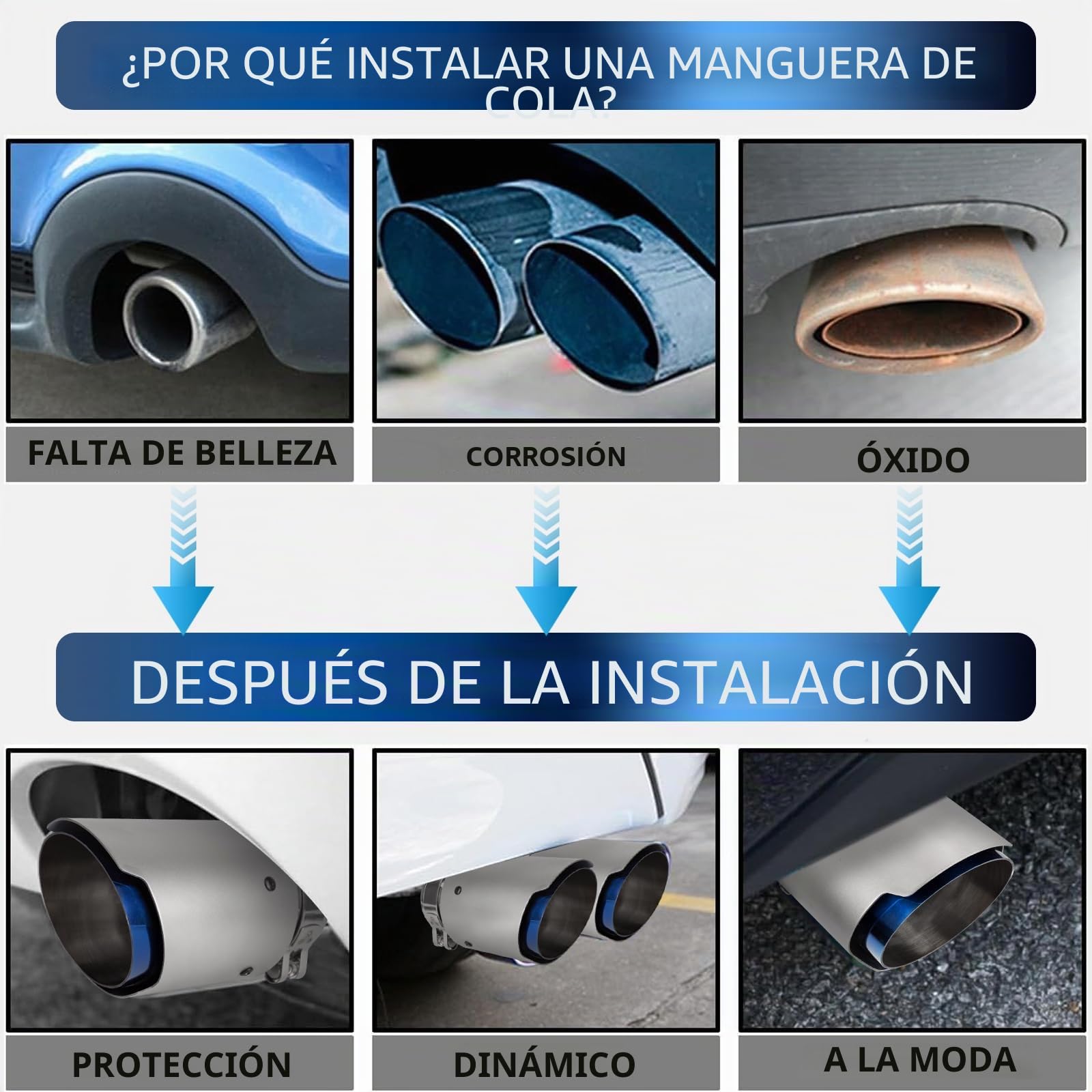2.5" Tubo de Escape en Acero Inoxidable 304 - Punta Cola de Coche 2.5"/64mm a 3.5"/89mm Modificado Silenciador Monosalida con Bolt-On ​​Compatible con Tubos de Escape 62-64mm (Azul/Plateado)