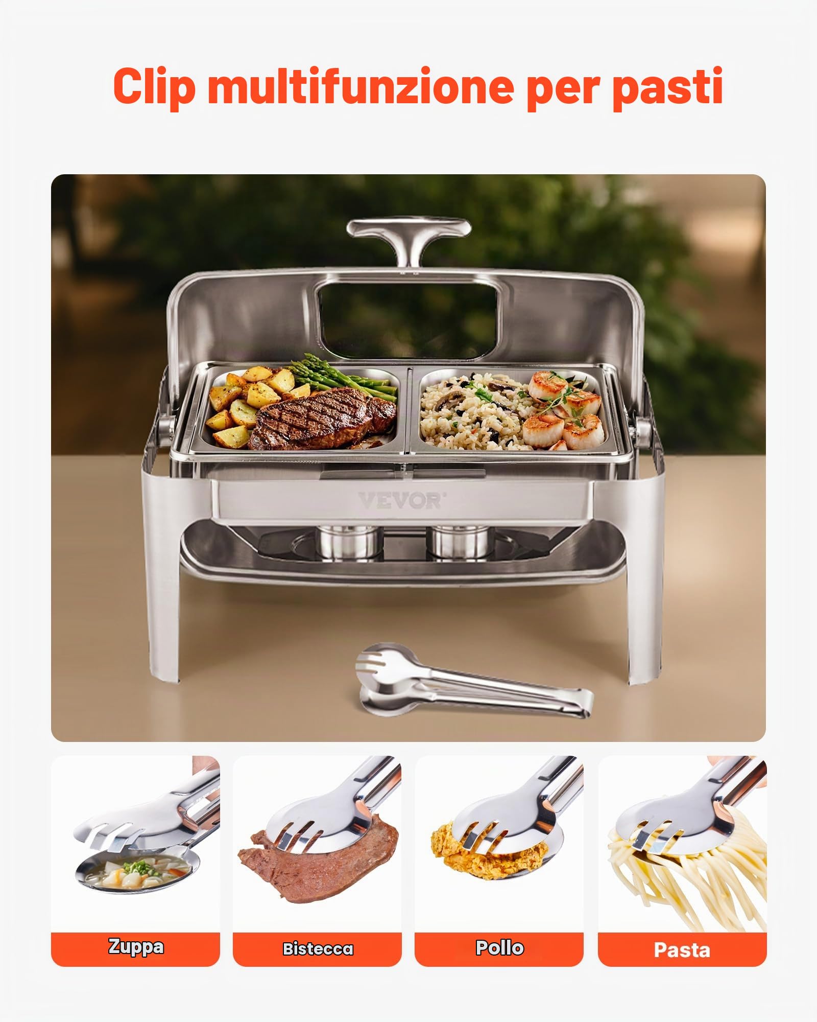 VEVOR Set di Scaldavivande 3,9 L Scaldavivande Rettangolare in Acciaio Inox, 1 Pezzo con 2 Padelle di Mezza Misura, Coperchio Visibile, Supporto Pieghevole per Padella per Acqua e Carburante, Argento