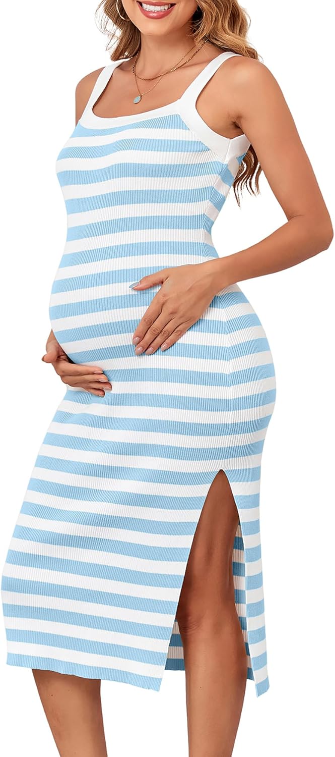 V FOR CITY Maternity Dress for Baby Shower Sleeveless Slit Rib Knit Casual Square Neck Bodycon Pregnancy Clothes