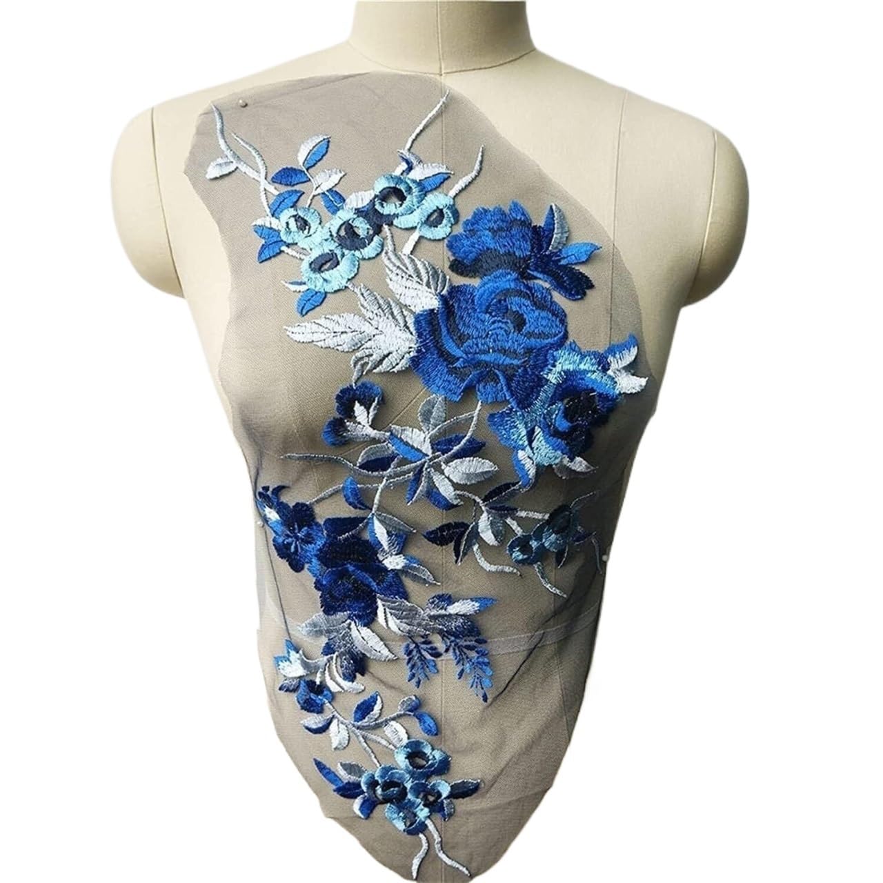 Applique en dentelle florale brodée verte 22x50cm pour couture de robe