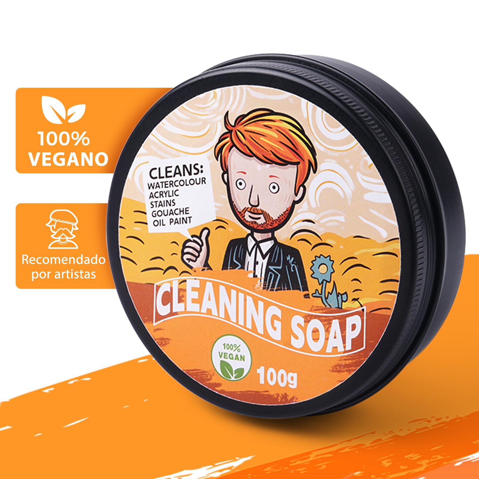 Limpiador de Pinceles para Acrílica y Acuarela – 100% 100g de Jabón Vegano con Cepillo + Alfombrilla de Limpieza, Jabón Profesional Natural para La Limpieza de Todos los Pinceles | Brush Cleaner