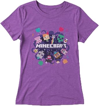 Minecraft Girls Portal Party Graphic T-Shirt - Purple Berry Color - Features Alex & Steve Character - Mine Craft Movie Merch