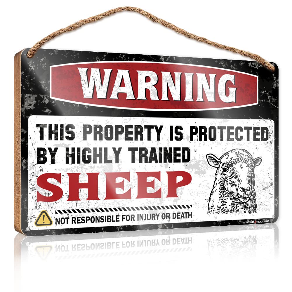 DTHA Funny Wooden Signs Warning This Property Is Protected By A Highly Trained Sheep Wooden Sign Apartment Decor Home Signs For Front Porch(15X28CM)