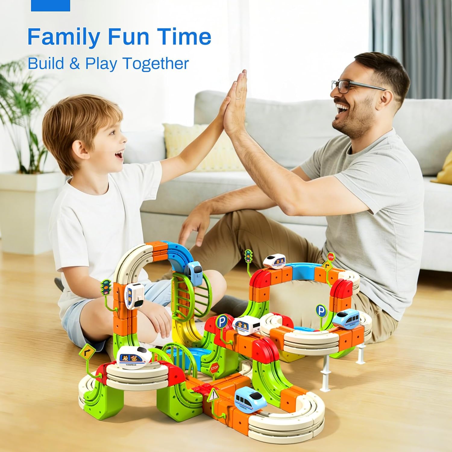 Electric Train Set for Kids, 242Pcs DIY Cube Track Block Toy with Traffic Signs, Gravity-Defying Motorized Trains Tracks Toys for Boys Girls Ages 3+, STEM Learning Fun Gift