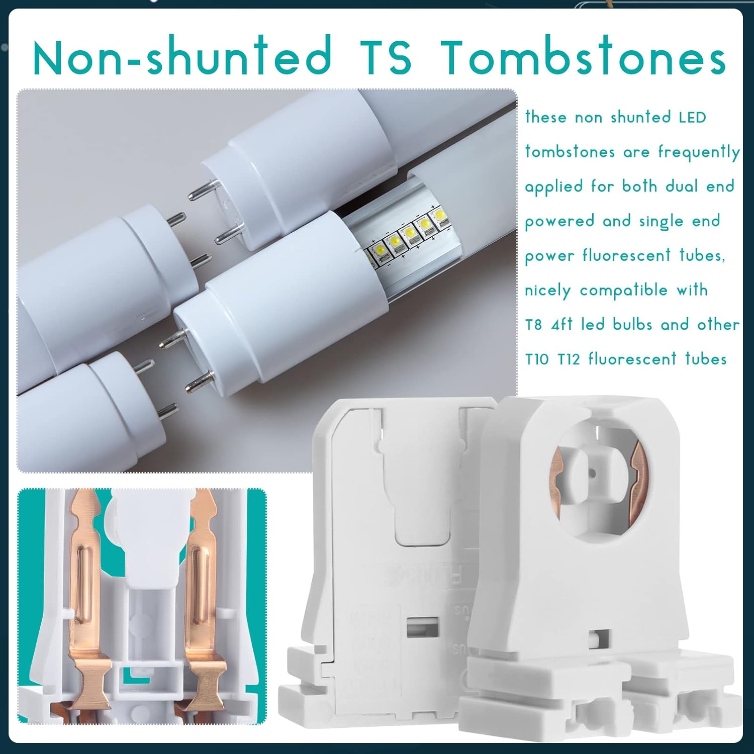 100 Pack Non Shunted LED Tombstones T8 T10 T12 Lamp Holder, Bulb Holder Non Shunted Tombstones T8 LED Fluorescent Tube Replacement Light Socket for Ballasts Replacements Kit