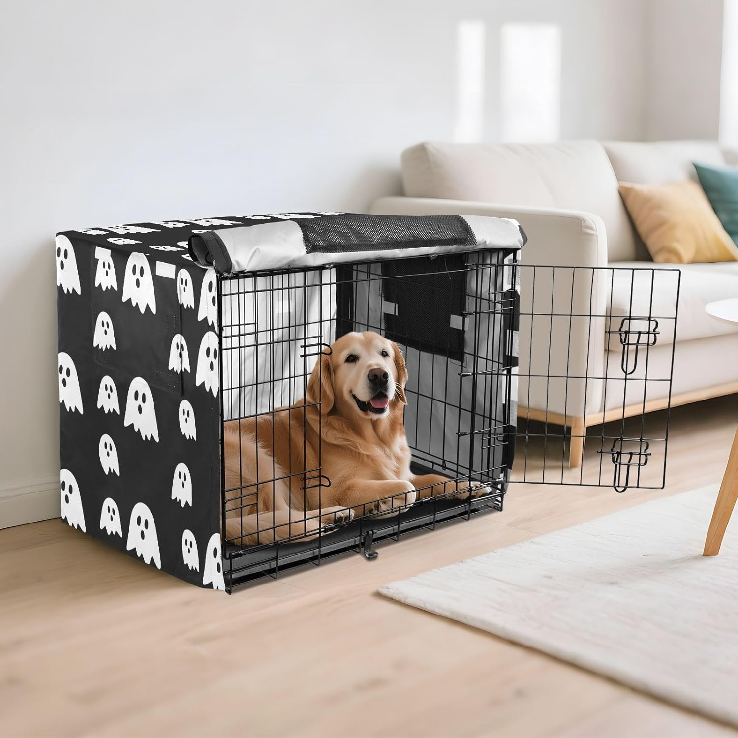 Playful White Ghosts Black Pet Crate Cover with Roll-up Sides, UV-Resistant Crate Covers, Large