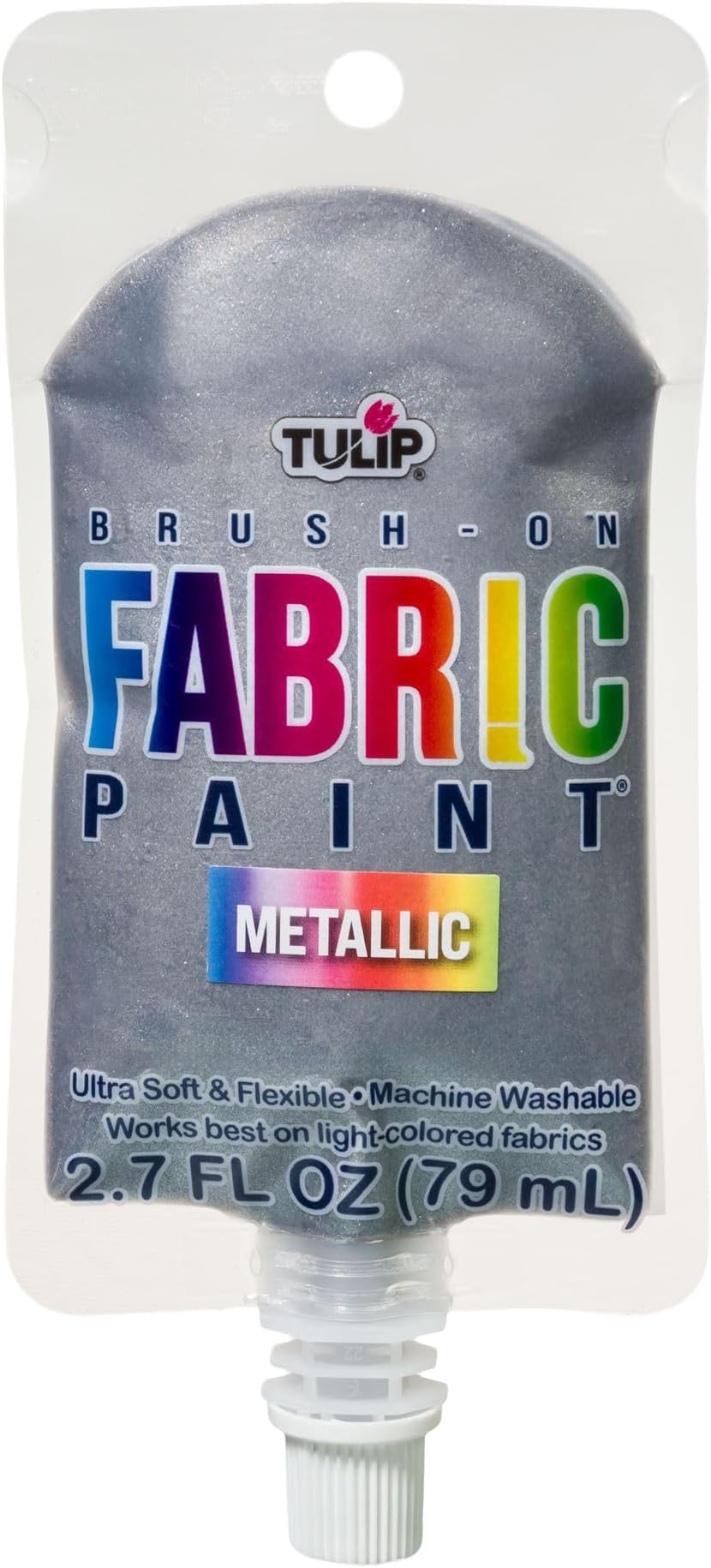 Tulip Brush-On Fabric Paint, Metallic Silver, Permanent Soft Fabric Paint for Clothing & Crafts, Easy-Squeeze Pouch, 2.7 fl. oz.