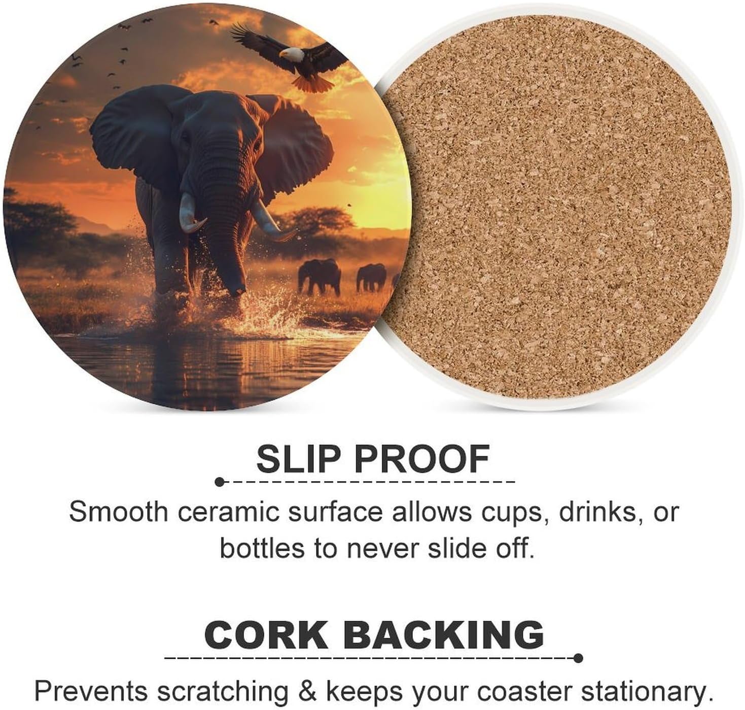Sunset Elephant (1) Coasters for Drink Round Ceramic Coaster with Cork Base Home Decorative 6PCS