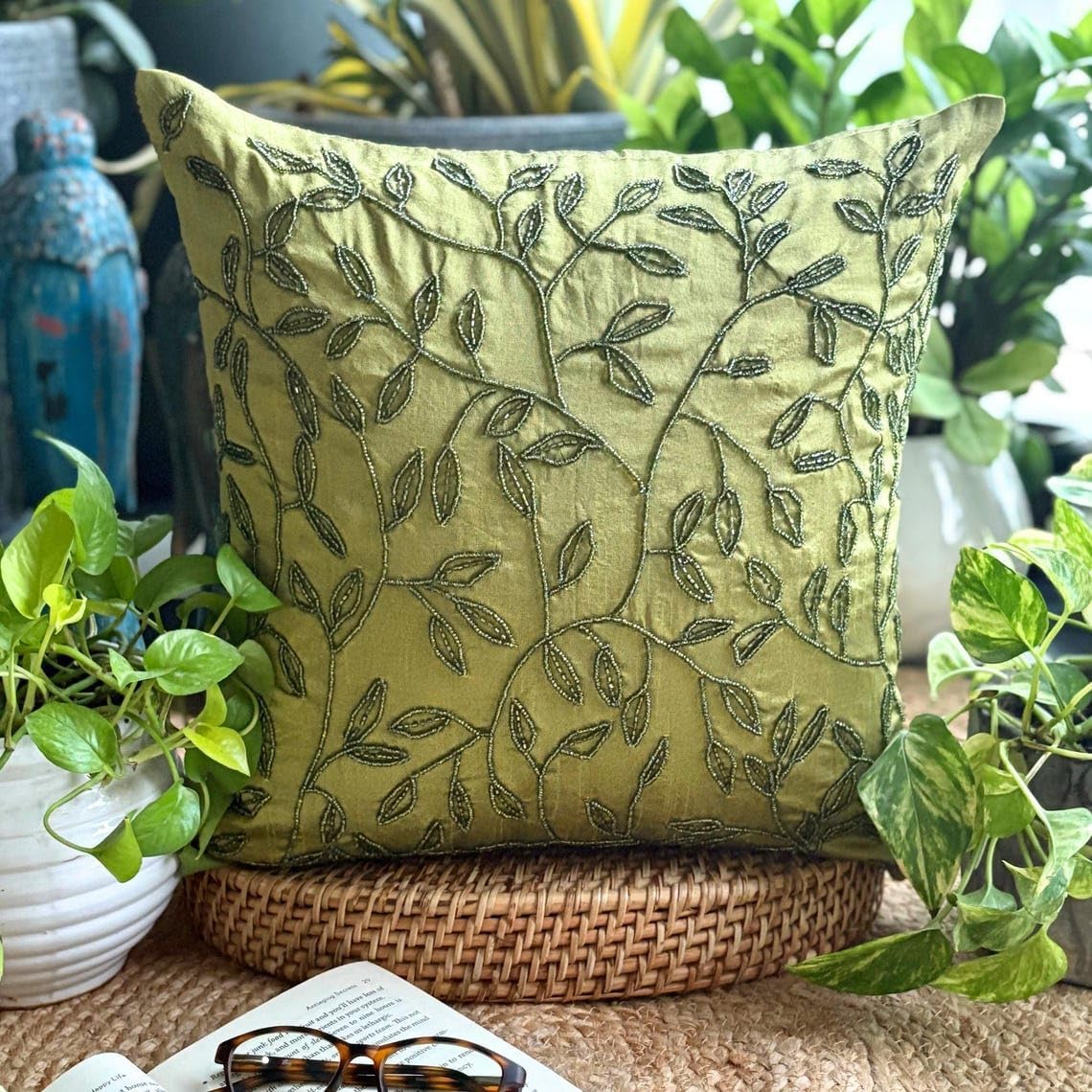 The HomeCentric Euro Sham Cover, Green European Pillow Shams 26x26 inch (65x65 cm) Silk Euro Pillow Cases, Nature & Floral, Leaf, Beaded, Tropical Euro Size Pillow Shams Easter - Tropical