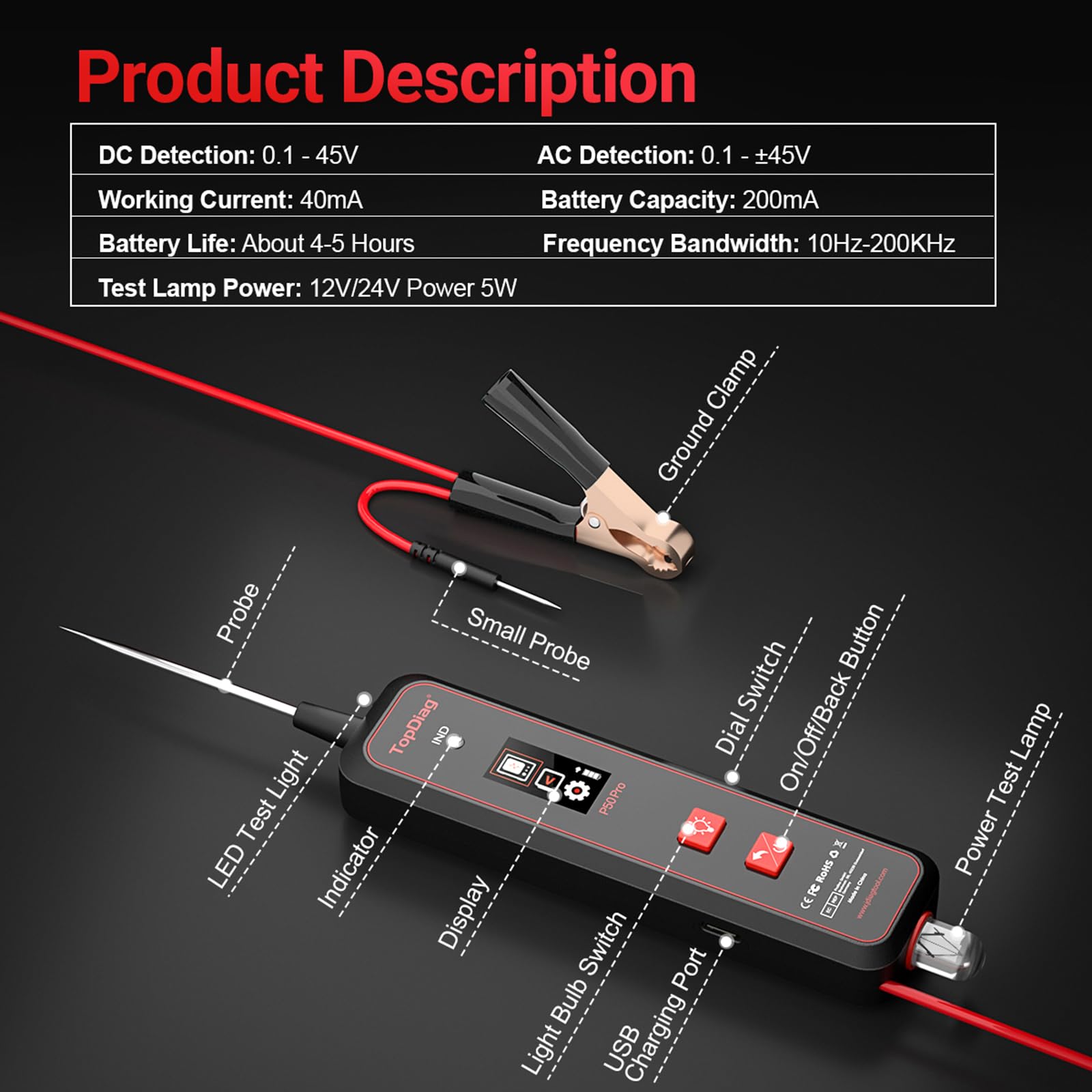 Shkalacar TopDiag p50pro KFZ Stromkreistester, 12V 24V Auto Spannungsprüfer Stift mit mit Taschenlampe, Unterstützt den AC/DC-Signalmodus, AC/DC-Prüfung, Stromkreissonden Kit für Autobatterie