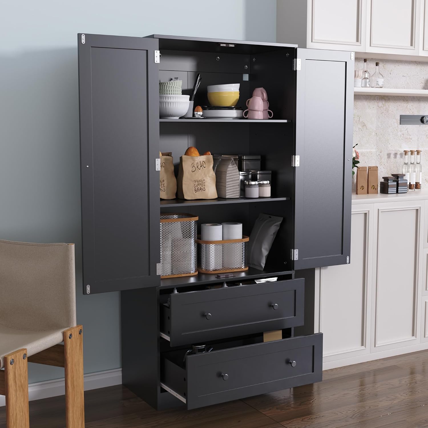 Interior view of the DIYART Kitchen Pantry Cabinet with items stored